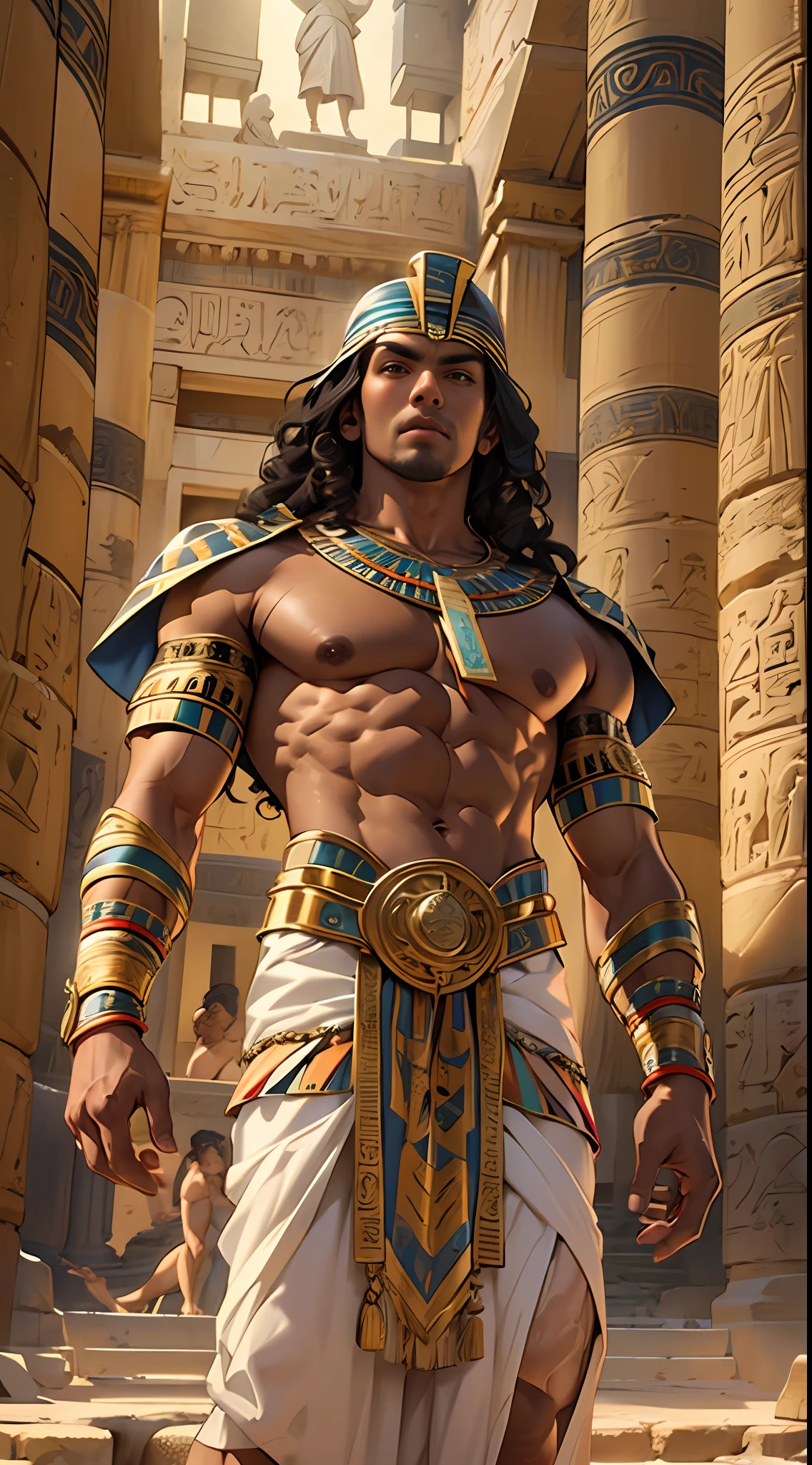 Powerful warrior, chest bared, lower body uncovered from thighs to feet, luxuriant long curls, meticulous muscle definition, photorealistic rendering, 4K resolution. Background: Ancient Egyptian temple complex,32k uhd, best quality, masterpiece, super detail, high details
