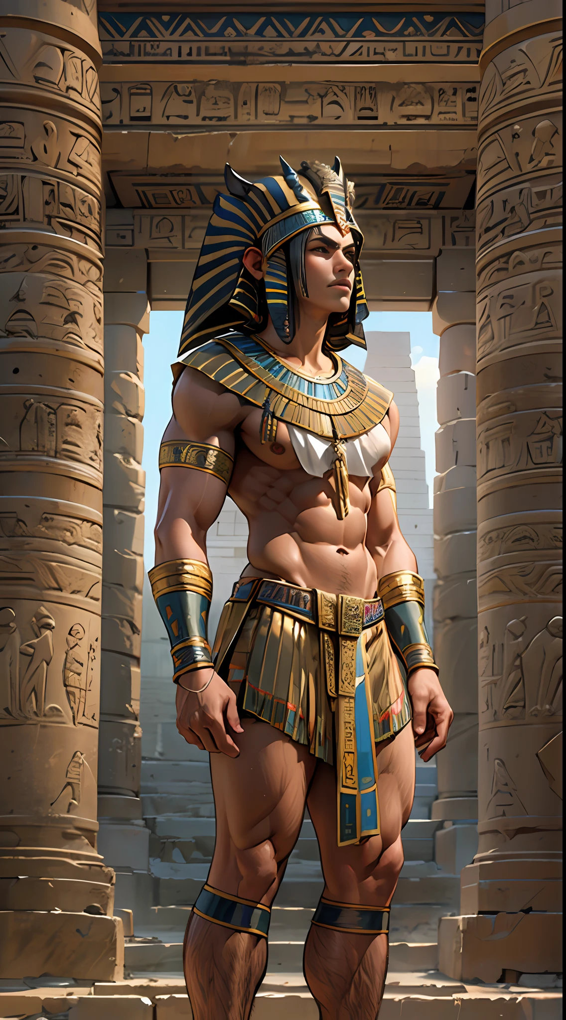Powerful warrior, chest bared, lower body uncovered from thighs to feet, luxuriant long curls, meticulous muscle definition, photorealistic rendering, 4K resolution. Background: Ancient Egyptian temple complex,32k uhd, best quality, masterpiece, super detail, high details