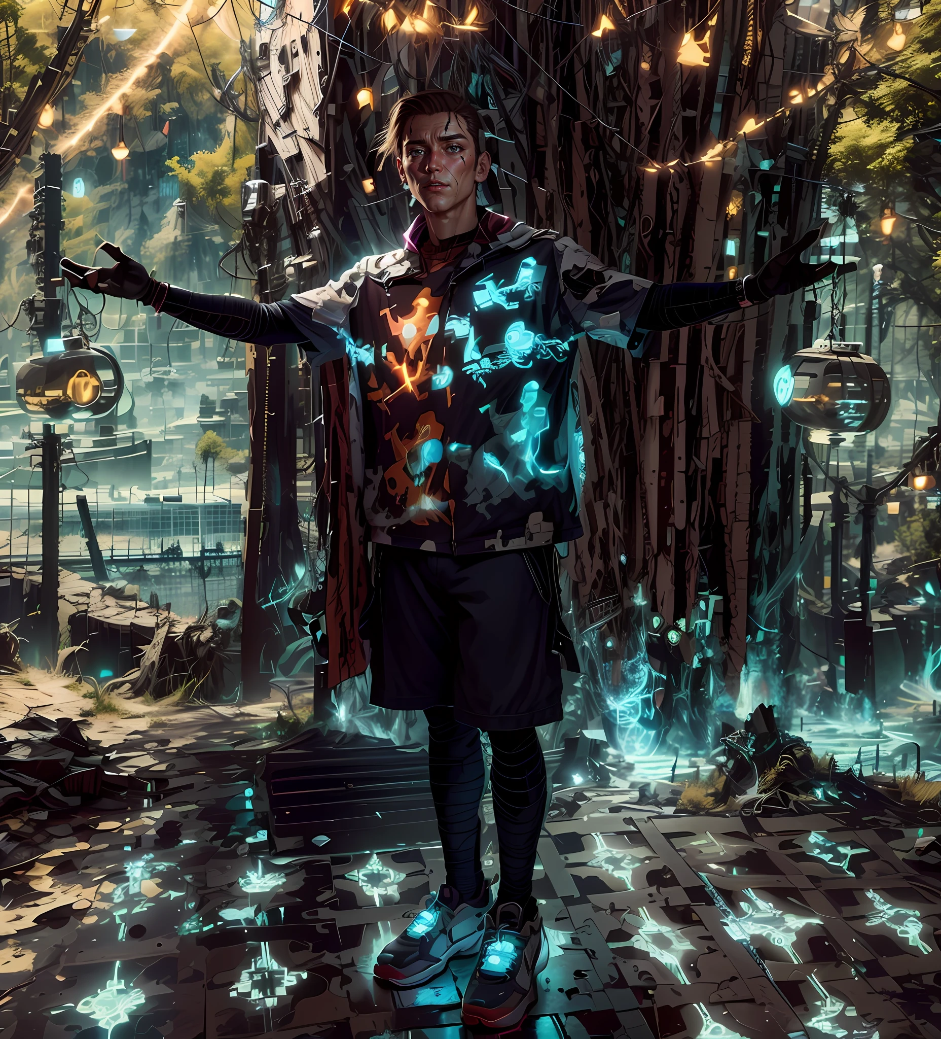 The 25-year-old man wears a tattered costume on Spider-Man's shoulders,The background is a futuristic city