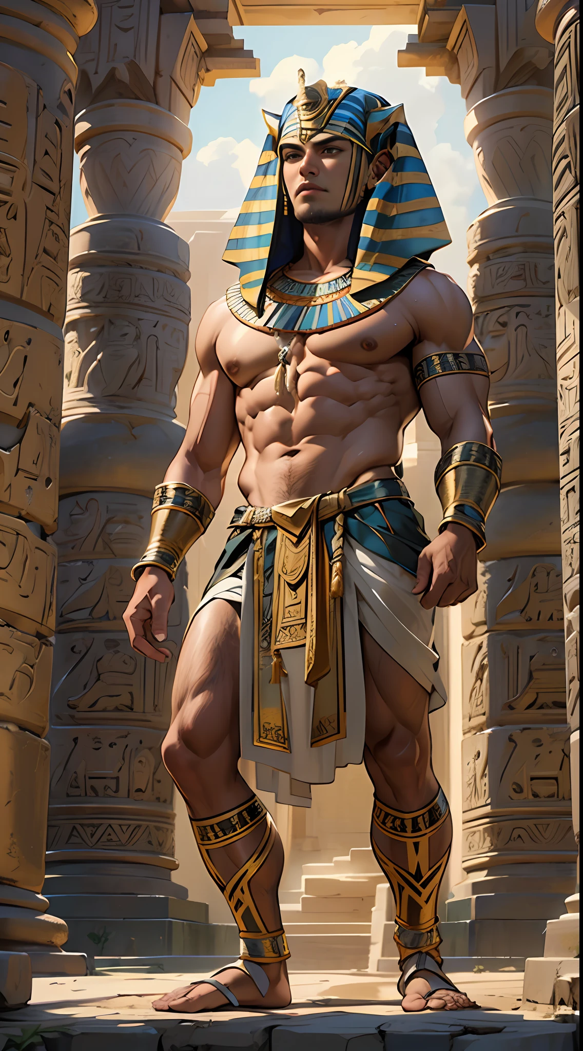 Powerful warrior, chest bared, lower body uncovered from thighs to feet, luxuriant long curls, meticulous muscle definition, photorealistic rendering, 4K resolution. Background: Ancient Egyptian temple complex,32k uhd, best quality, masterpiece, super detail, high details