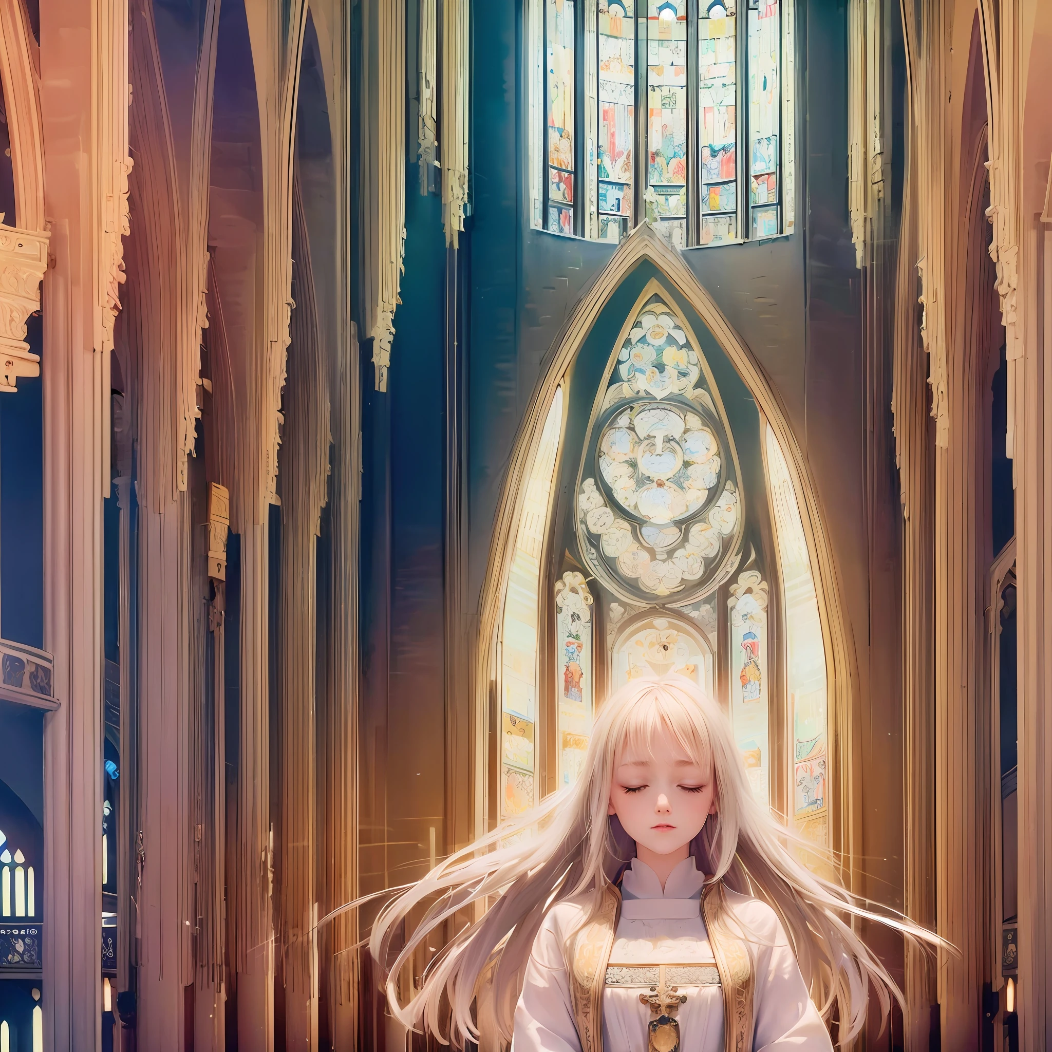 (Top image quality:1.4), (超A high resolution:1.2), (Photorealsitic:1.4), (8K, RAW Photography:1.2), One girl, Closed eyes, (White and gold hair 1.5), Upper body, Look up to the ceiling, stain glass, inside in room, onepiece, Priesthood, cathedral, by mucha