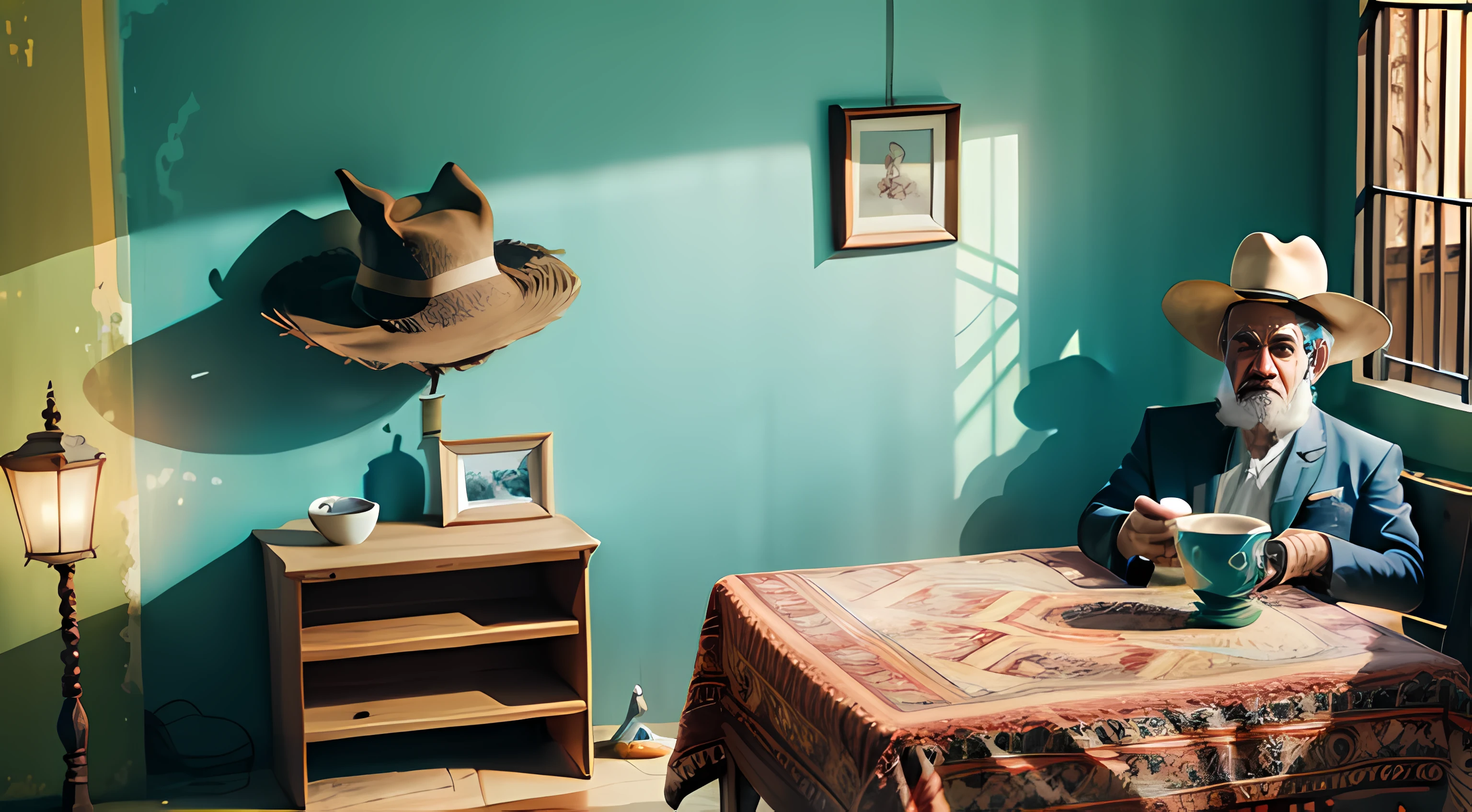 Man sitting at a table with a cup of coffee, estilo: o alto da compadecida, estilo cangaceiro, HOOK, casa do interior, extremely detailed scenario, detalhes impressionantes, imagem rica em detalhes, Typical decoration of the house of the Brazilian northeast, casa de taipa, reboco aparente, cadeiras e mesa de madeira velha, homem velho com roupas sujas e rasgadas, chapeu de cangaceiro, chapeu estilo: lamplight, estilo: cangaceiro, Lampião and Maria Bonita, Sertão of Pernambuco, ensolarado, extremely detailed lighting, lighting rich in details of shadows and lights, cinematic lighthing, Lighting creates realistic perspective, imagem ultra realista, realidade da imagem impressionante, detalhes extremamente realistas, inspirado nos contos do escritor ariano suassuna, ariano suassuna, cultura nordestina, cultura popular, cultura brasileira, nordeste do brasil, Brazilian semi-arid, terra seca sem chuva, cracked soil without water, animais magros, Patativa do Assaré, contos e causos nordestinos, literatura de cordel, mestre salustiano, prosa nordestina, Typical backcountry scenario, ferramentas de trabalho, enxada, old brass, lamplight, candieiro, luiz gonzaga, mestre salustiano, caruaru, boi com sede bebe lama, barriga seca, realidade brasileira, 8k, 16k, ultra impressionante, award-winning image