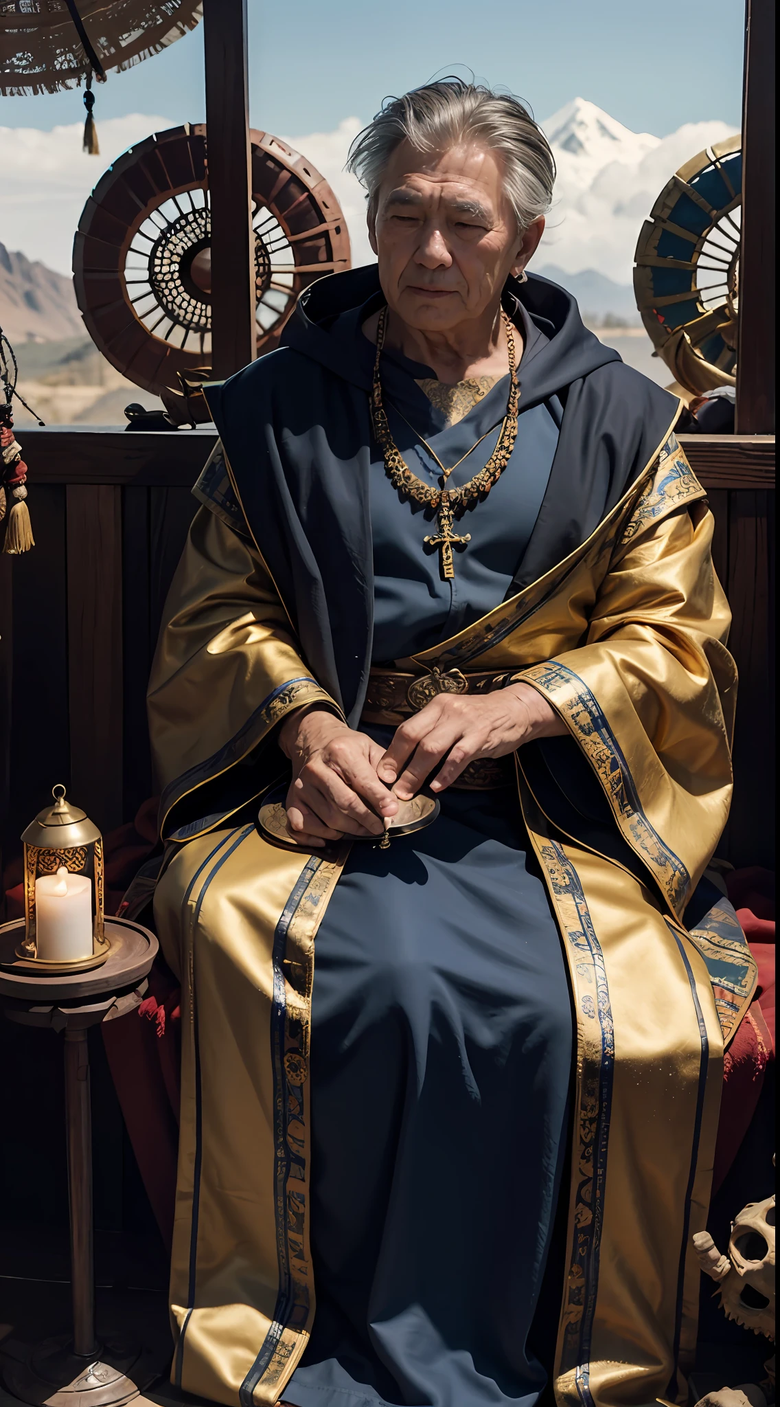eventide,Elderly,whaite hair,Mongolian shaman,Wizard Plate,Sit on the wasteland and gaze into the distance,The incense burner in front of him emitted bursts of mist that lingered around him,Outside the body is a necklace of gold and animal bones,The scarlet cloak and the prayer banner Ronda around him fluttered in the wind,A group of children gathered around him in a panoramic farewell,A 90-year-old man,chinese style,underworld