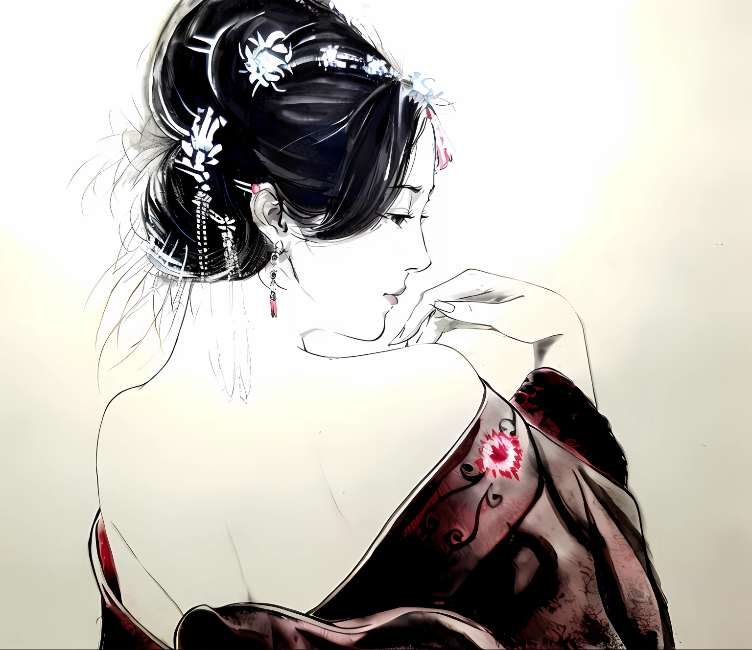 Official Art, Unified 8K Wallpapers, Ultra Detailed, Beautiful and Aesthetic, Masterpiece, Best Quality, (Zentangle, Tangle, Entangle), (fractal art: 1.4), (character center: 1.3), 1girl, black hair, Chinese, off-the-shoulder, short skirt, calf, navel, very detailed, dynamic angle, cowboyshot, (most beautiful form chaos), flowing, (bright colors), oc, (medium breasts), Chinese costume pajamas transparent