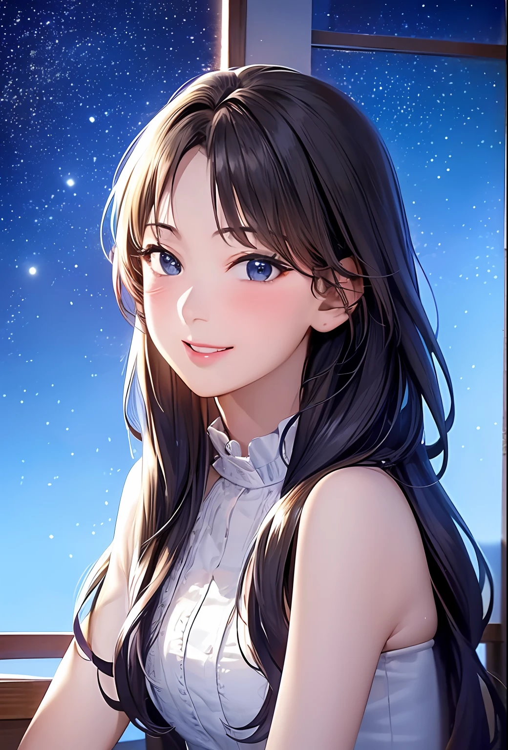 (8k, top quality, masterpiece: 1.2), (realistic, photorealistic: 1.37), super detailed, girl single, cute, solo, midnight, beautiful detailed sky, detailed café, sitting, date, (blush), (smile: 1.15), small breasts (mouth closed), beautiful fine eyes, floating hair NovaFrogStyle, back open dress