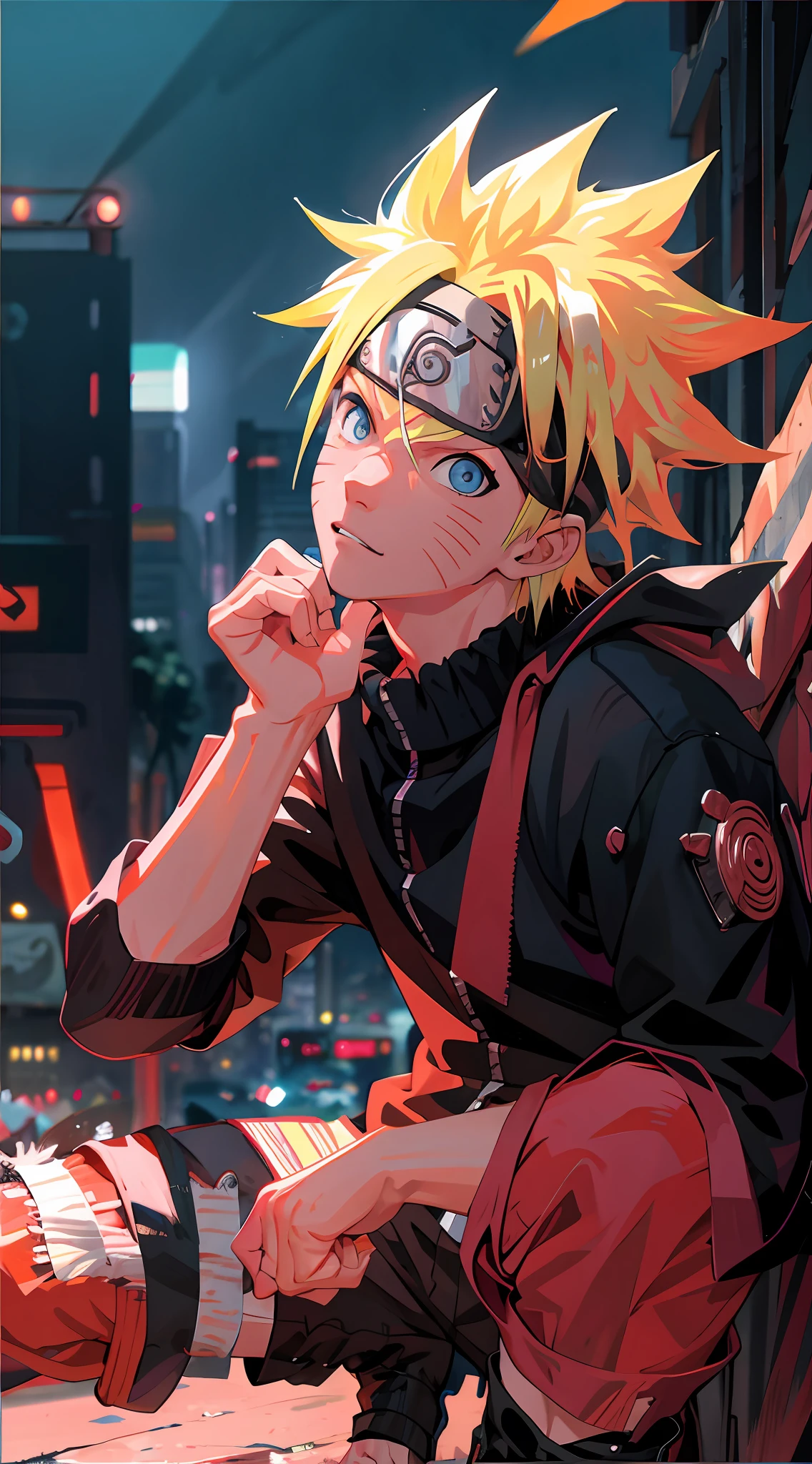 portrait, neon, 1 boy, shonen style, spiky blonde hair, scratches on cheeks, black and red clothing, leather jacket, jeans, boots, bandana with leaf symbol, perfect eyes, cool, blue eyes, full body, color --name Naruto Uzumaki --night background city with futuristic buildings and holograms