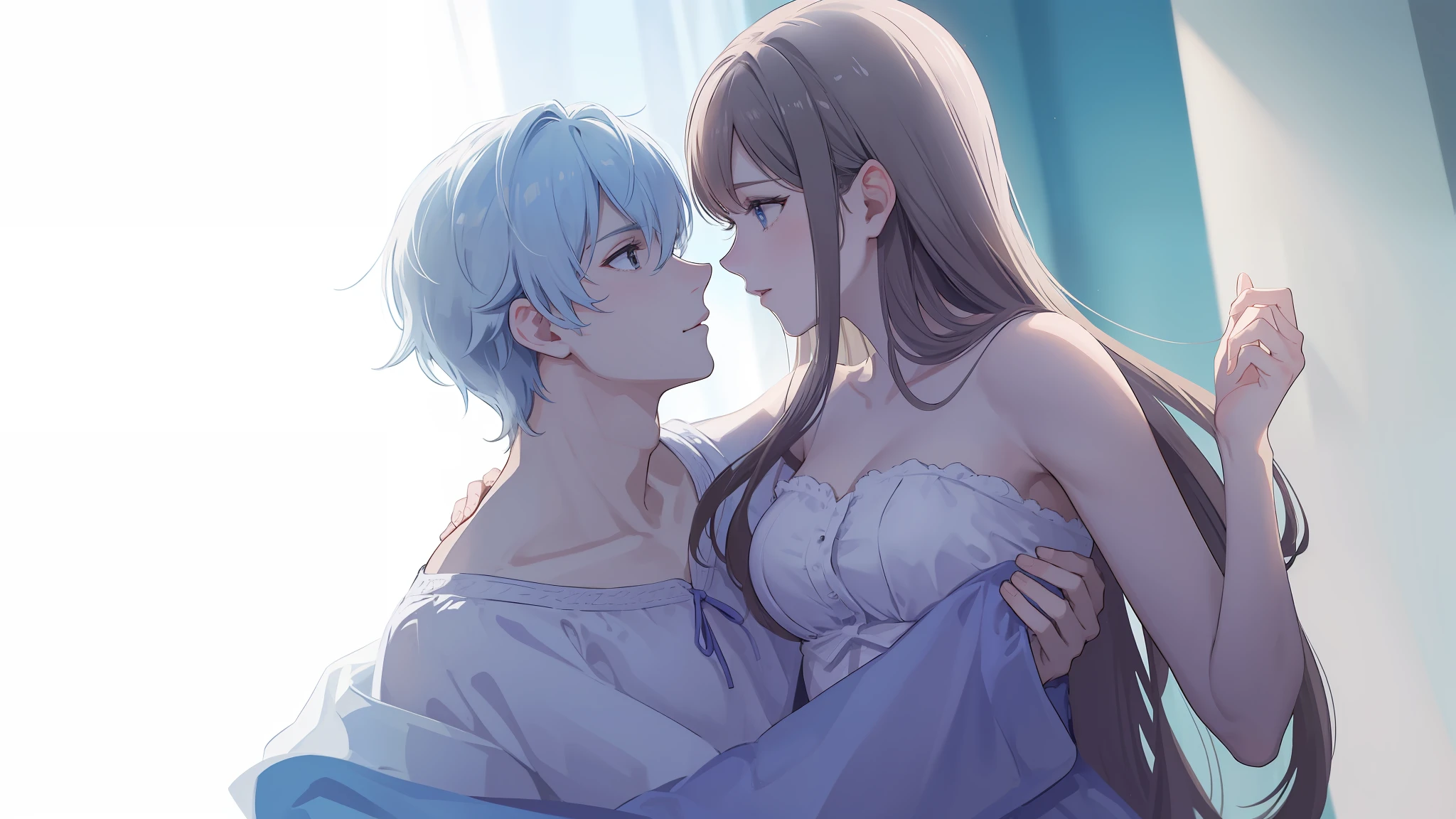 1homem, olhos azuis afiados com pupilas afiadas, cabelos brancos afiados e ele estava vestindo vestes nobres pretas e, Intimate embrace with his lovely brown-haired wife encaracolado longo ((rosto de 41 anos))