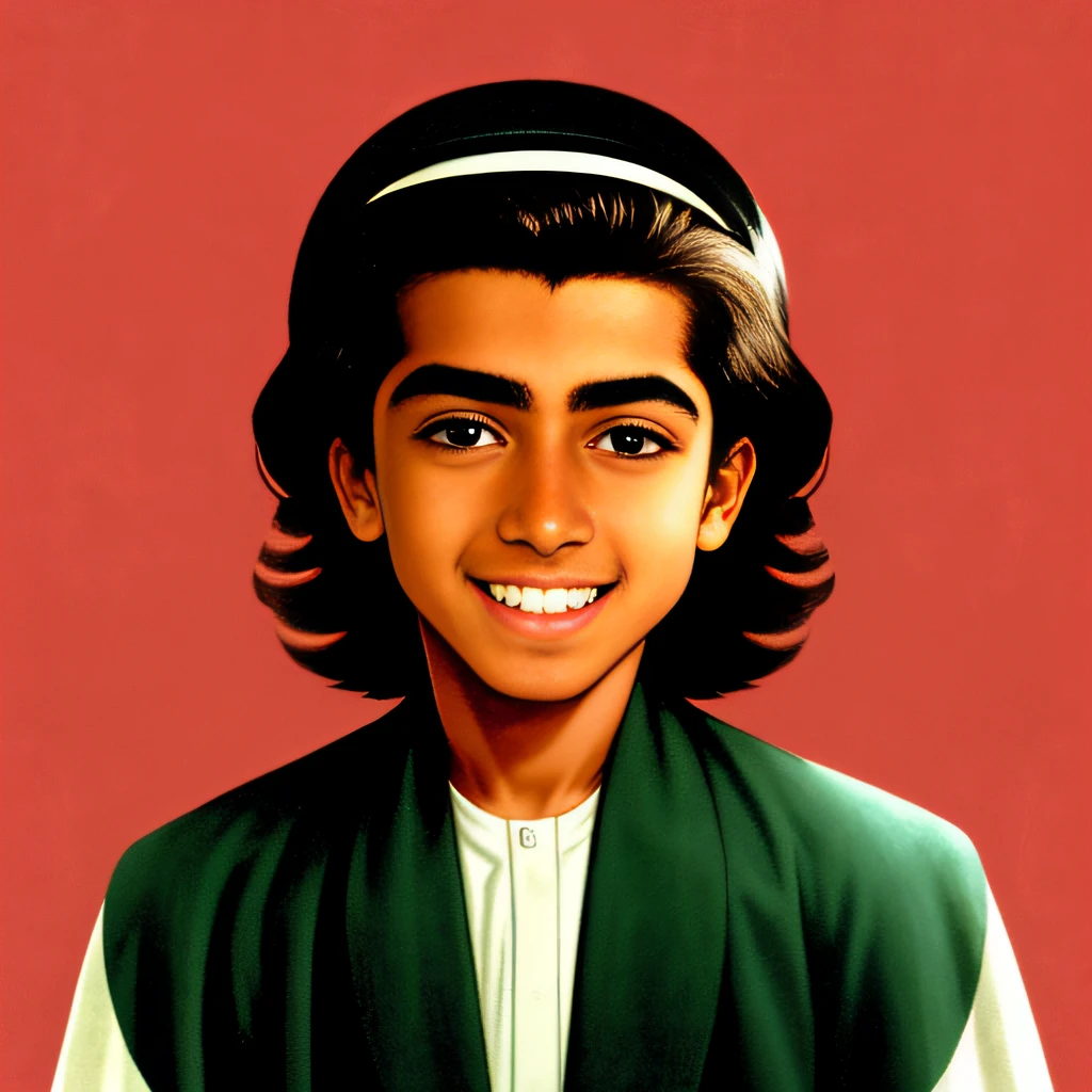 Um garoto jovem, (cabelo pretos e curtos), (olhos castanhos e alegres), com roupas simples, pessoa pobre, feliz, sorriso boca fechada, The boy is in an Arab market.