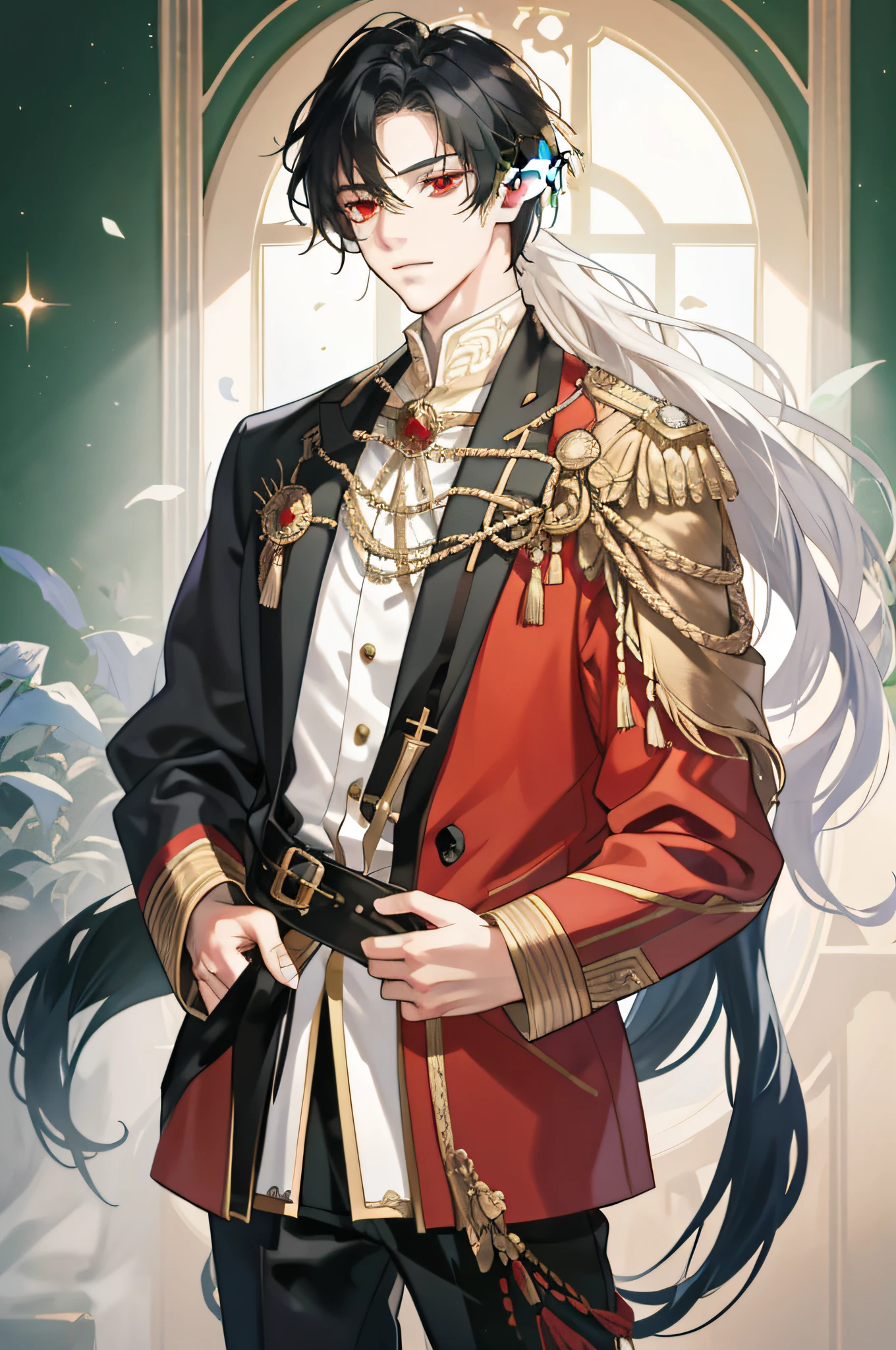 tmasterpiece,Need,super-fine,Semi-realistic,Meticulous facial features,1boy,the elf，whaite hair,long whitr hair,red - eyed,Put your hands in your pockets