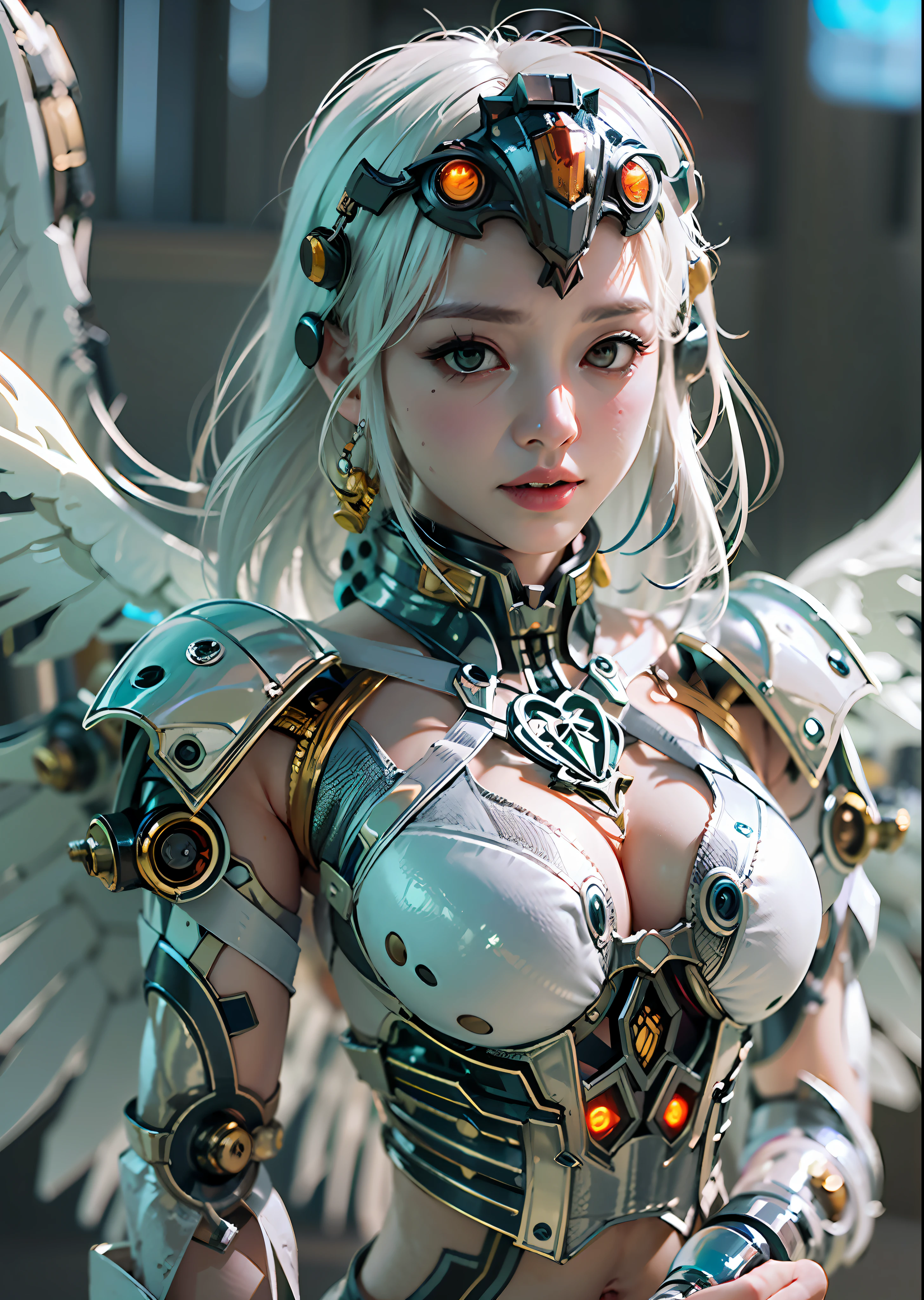 top-quality、masterpiece、超A high resolution、(Photorealsitic:1.4)、Raw photo、Steampunk Battle Cyborg Angel、large wings made of metal、White porcelain body、Acrylic Clear Cover、white hair、glowy skin、1 Cyborg Girl、((super realistic details))、portlate、globalillumination、Shadow、octan render、8K、ultrasharp、character edge light,Colossal tits、Raw skin is exposed in cleavage、Details of complex ornaments、Sumerian details、Hydraulic cylinder、Small LED lamp、highly intricate detail、Realistic light、a purple eye、radiant eyes、Facing the camera、neon details、cowboy shot、Futuristic headgear、About Cyberpunk、、