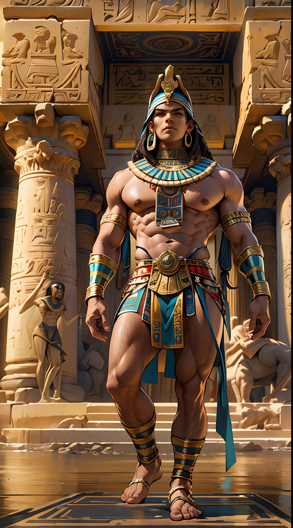 Powerful warrior, chest bared, lower body uncovered from thighs to feet, luxuriant long curls, meticulous muscle definition, photorealistic rendering, 4K resolution. Background: Ancient Egyptian temple complex,32k uhd, best quality, masterpiece, super detail, high details