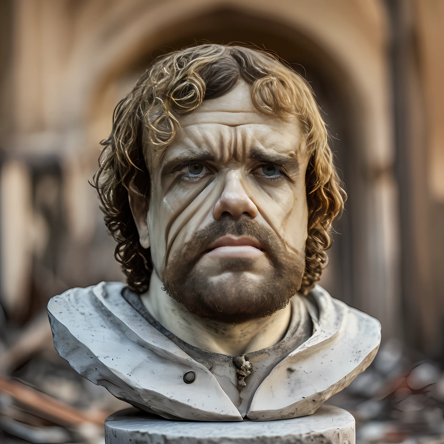 marble sculpture of the face of a Greek god,((face Peter Dinklage)) ((bearded)) in a destroyed place, cinematography, epic light and shadow, lots of contrast, professional photography, 8k, ultra realistc,