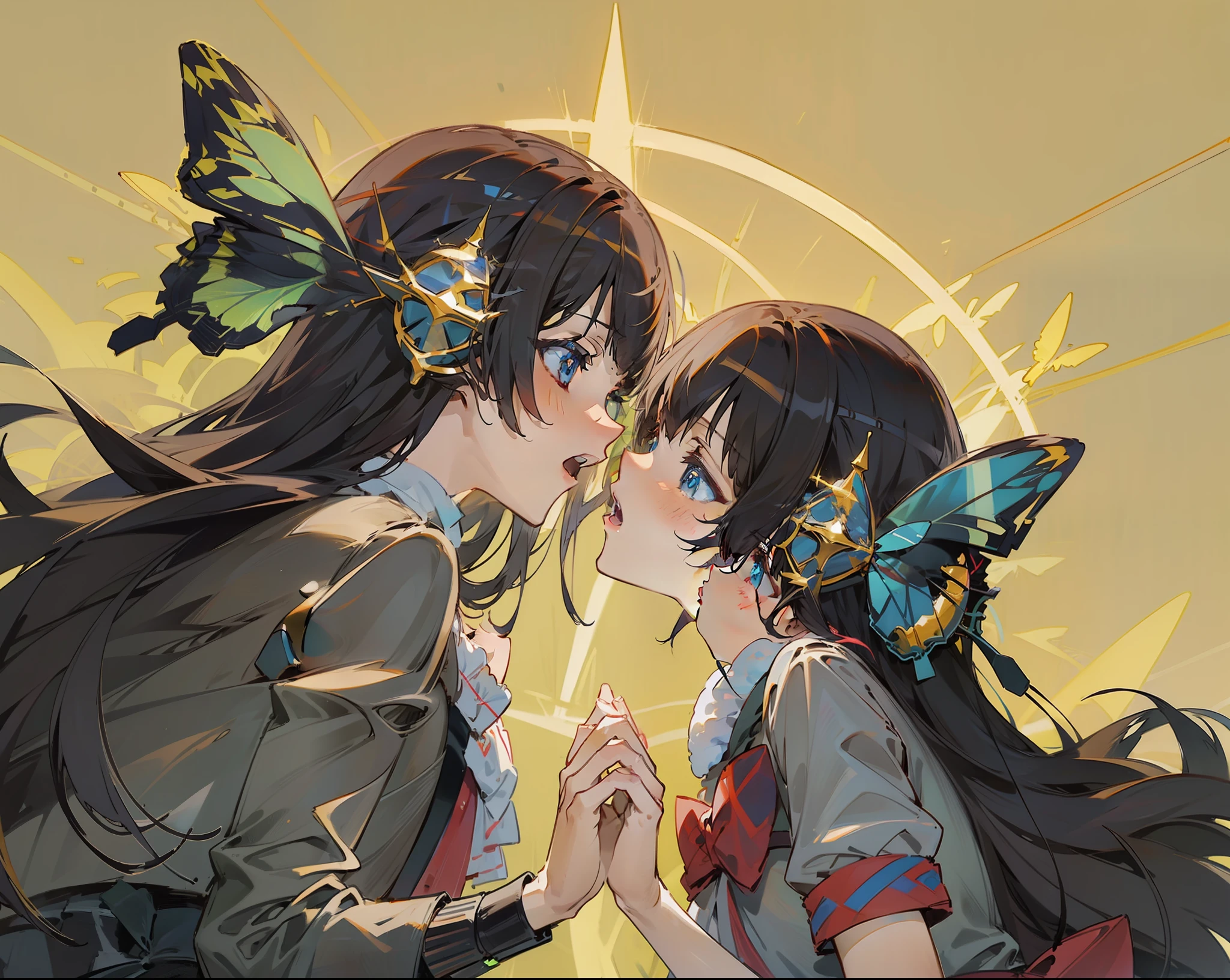 (masutepiece:1,2), Best Quality, Magnet Vocaloid, Butterfly Wing Headphones, Multiple girls, 2girls, Yuri, Fingerless gloves, Mihir on the right, 1 black left girl with bangs_Hair and blue_eyes and long_Hair and sparkling_Eyes,