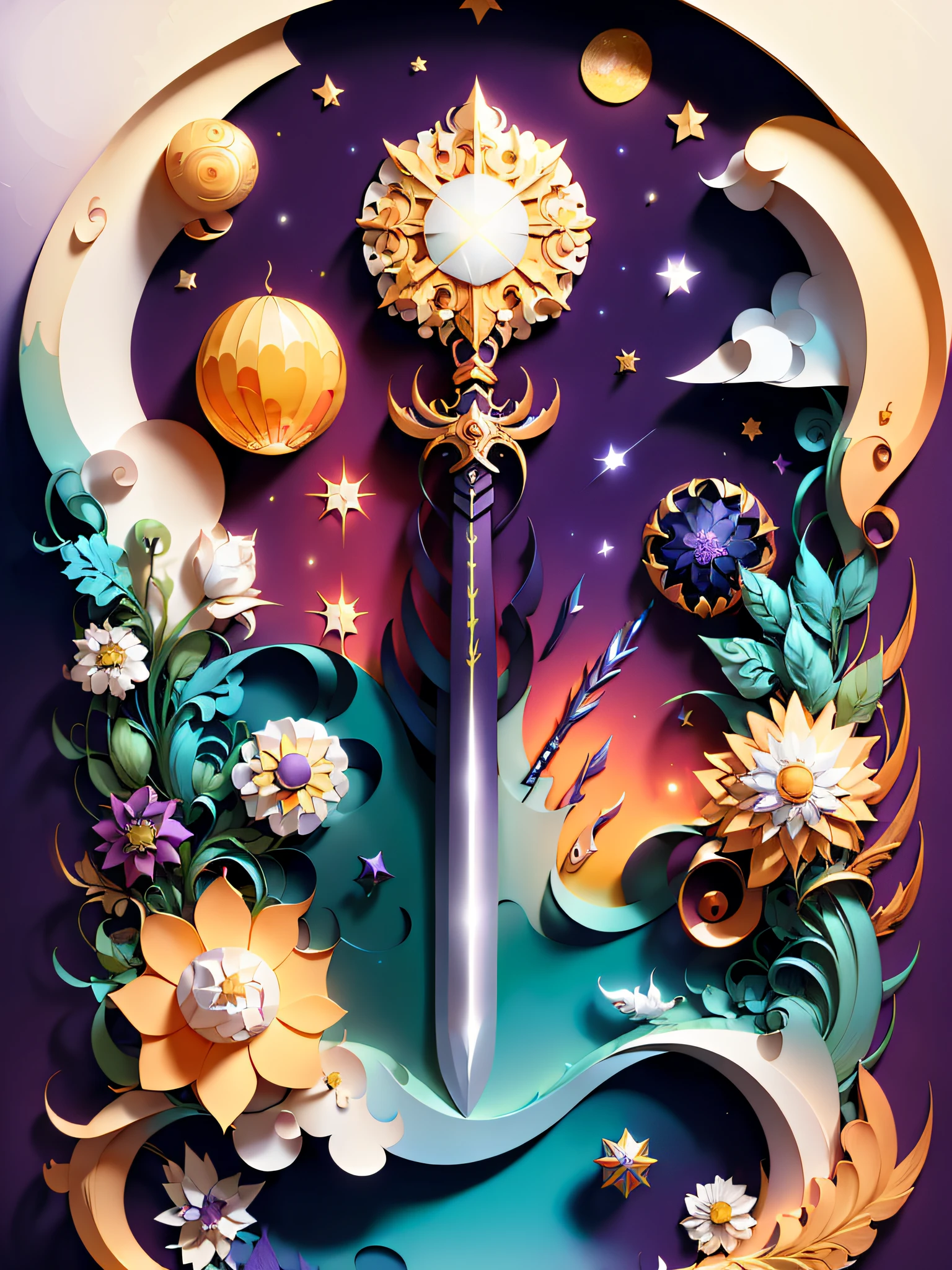 (((masterpiece))),best quality, a sword without a hilt in the center, sun, moon, slash, blade, purple water and cloud, paper_cut