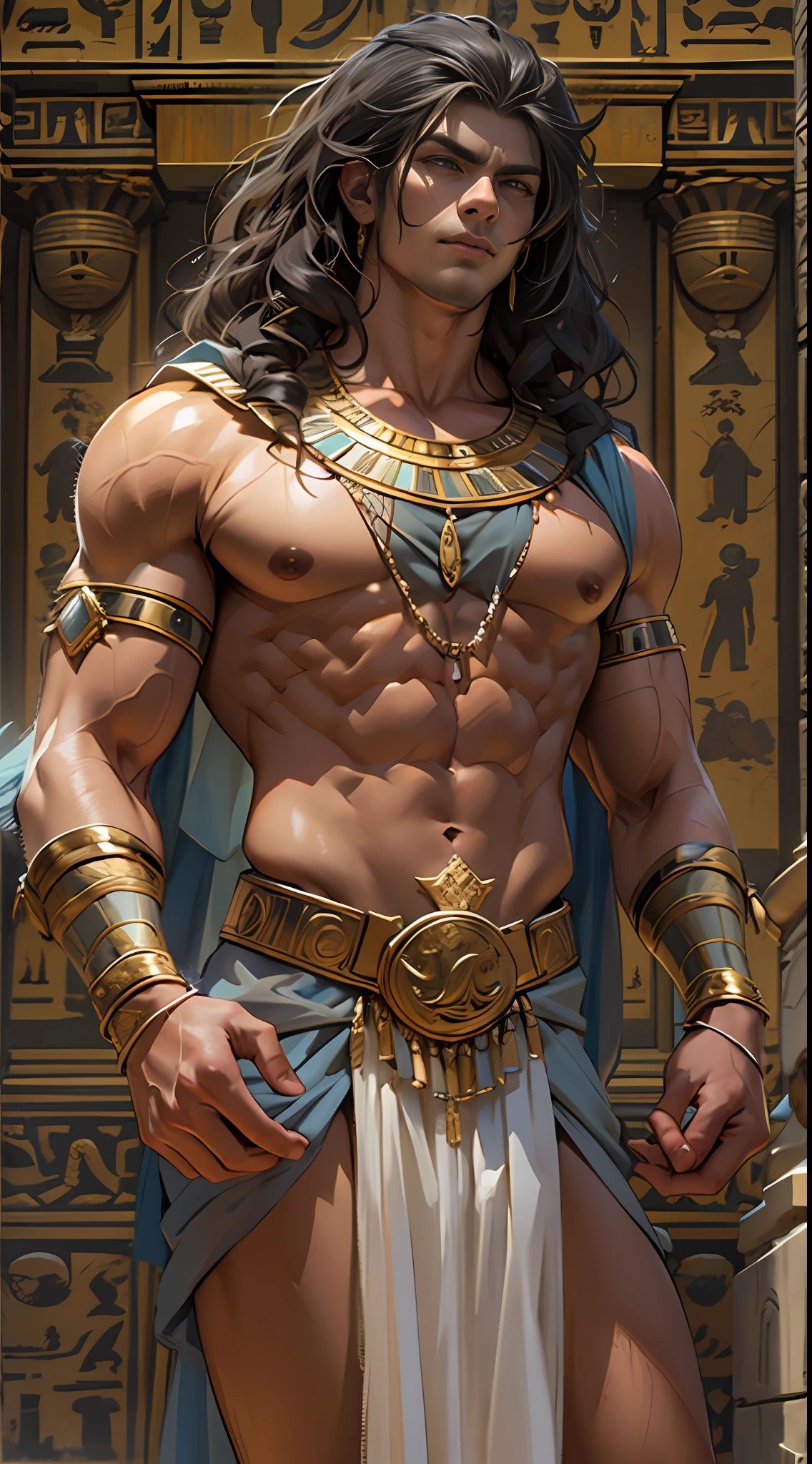 Powerful warrior, chest bared, lower body uncovered from thighs to feet, luxuriant long curls, meticulous muscle definition, photorealistic rendering, 4K resolution. Background: Ancient Egyptian temple complex,32k uhd, best quality, masterpiece, super detail, high details