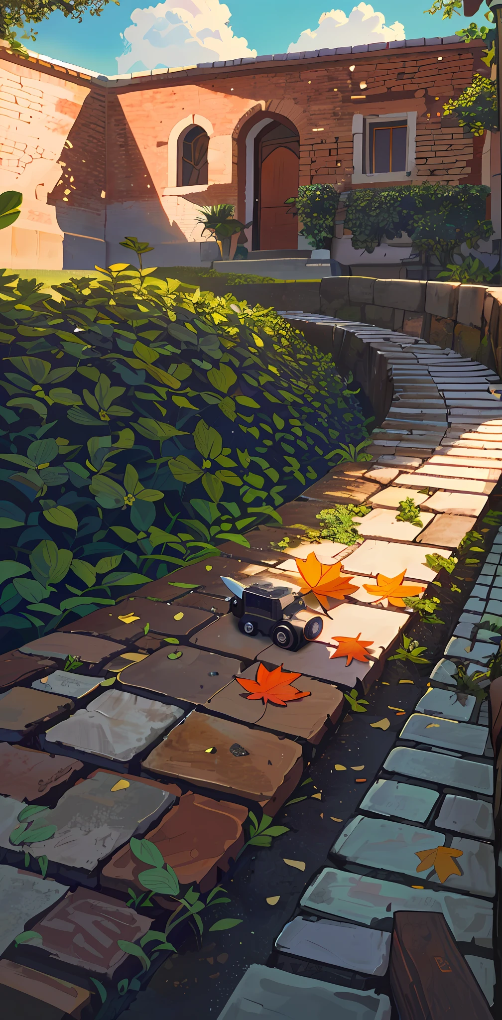There's a small leaf that's sitting on the edge of a curb, perspectiva da formiga, eles podem estar engatinhando, Tiro na Canon EOS R 5, Tiro na Canon EOS R5, Capturado na Canon EOS R 6, Perspectiva macro, Tiro em Leica SL2, Tiro na Nikon Z9, POV de uma formiga, Tiny creature made of a brick