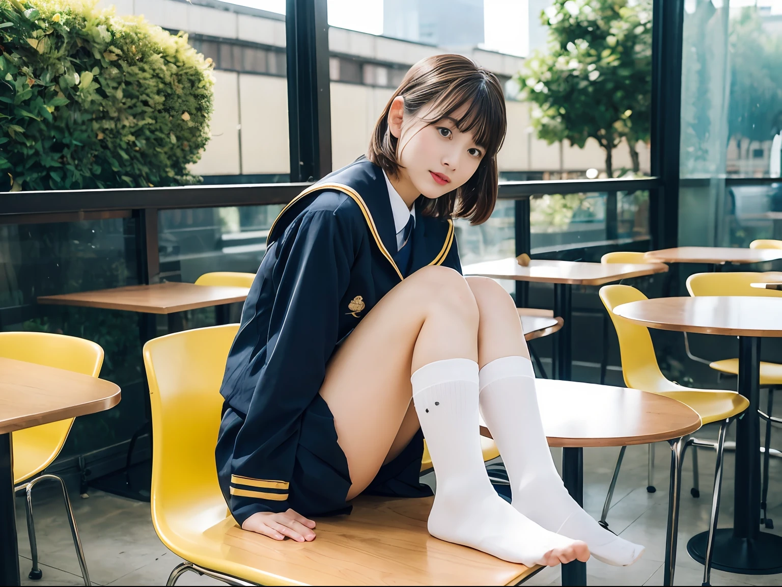 1girll,Solo,Pure_detail in face_The face is pure_eye detailed_eyed ((JK_校服,High school student uniform，School uniform for high school students，High school miniskirt，JK_sailor uniformm,JK_Serakuf)),JK_a skirt,JK_Loose socks jk_Loafer shoes，high school senior, short detailed hair，middle score，Sit in a swivel chair in a café，((Infinity round chair)),outdoor cafe，Outdoor stools，(Single table，High chair, High table），（From the front side：1.7），（Spread your feet in front of you），（Breaking Old Works：1.1），（Golden section：1.1），（the golden ratio：1.1），（Keep your feet apart），（legs are open），（The reveal panties），（Natural color panties）。