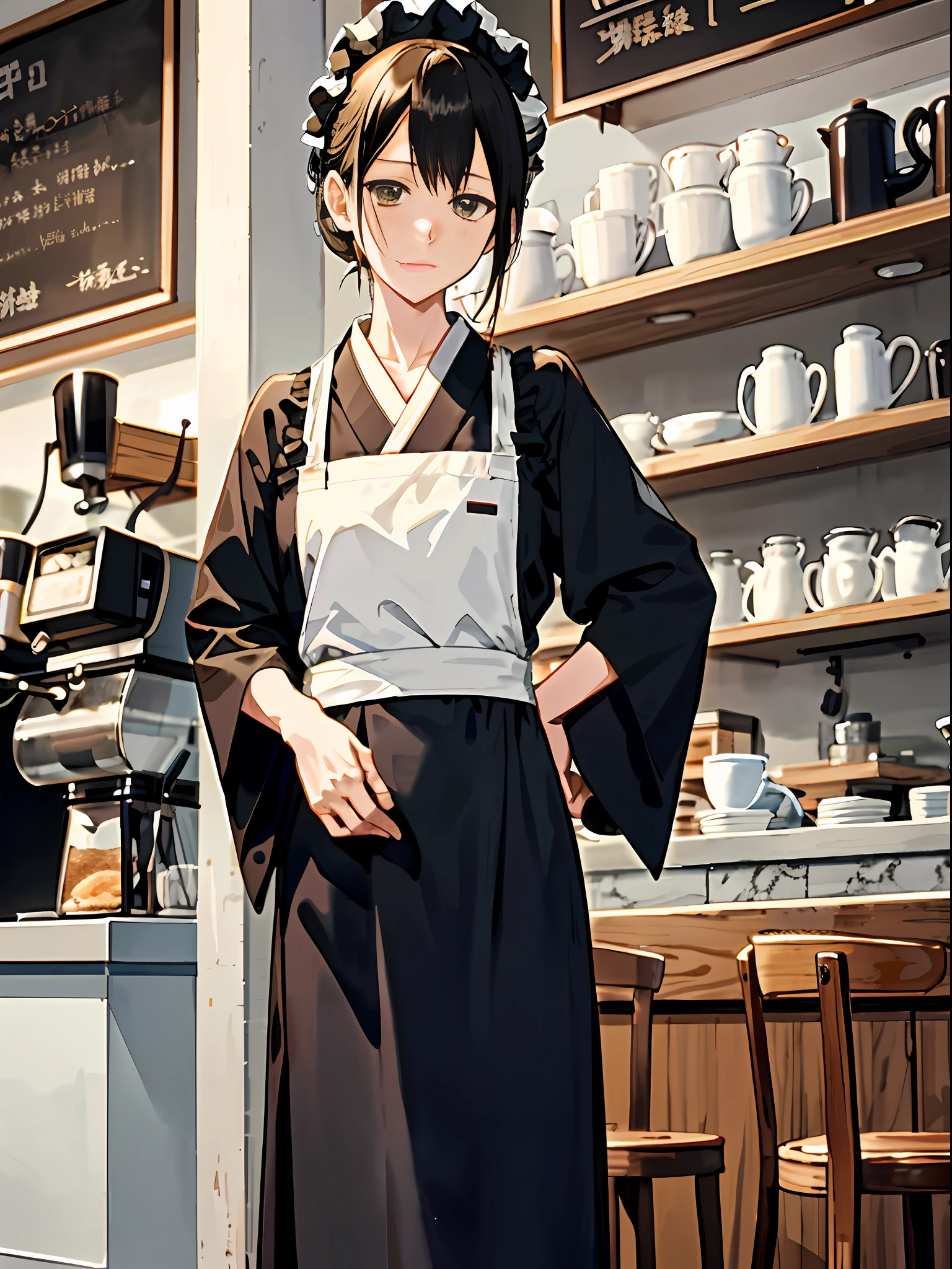 Anime - Woman in black and white kimono style standing in coffee shop, mysterious coffee shop girl, mayuri shiina from steins gate, anime girl in a maid costume, author:Hosomura Kane, in front of ramen shop, kotegawa yui, cosplay of a catboy! maid! dress, Chinese.Cafe, Girl