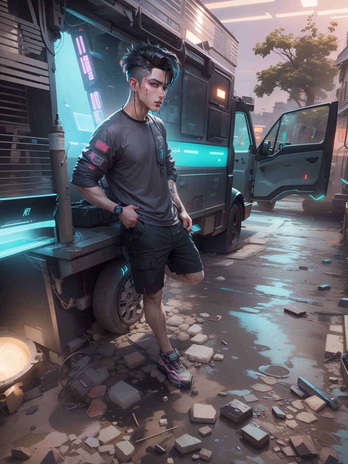 Change background cyberpunk handsome boy realistic