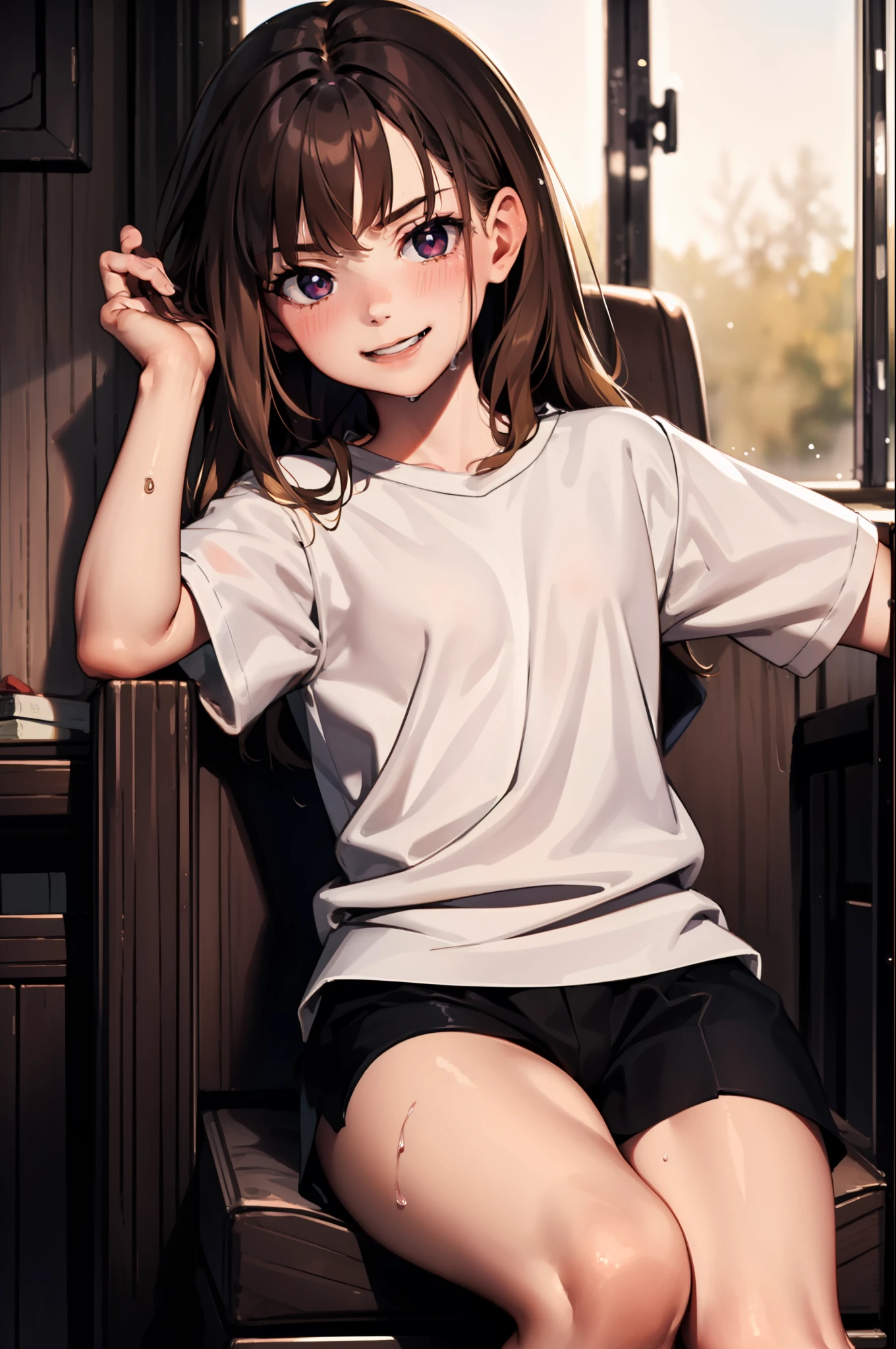 Masterpiece, hiquality ,Dynamic Angle, Cowboy shot, 12yo, 1girl, child, 独奏, Hermione Granger, School White Shirt, wet shirt, Short shorts, Highly Detailed Beautiful Face and Eyes, Beautiful skin, Wet, blushful, sperm, sperm on face, Perfect anatomical smile, bed room, bright sunlight, thights, wide thighs, spreading legs, Athletic hips, Erotica, Sex, trembling, Sits, armchair, teats