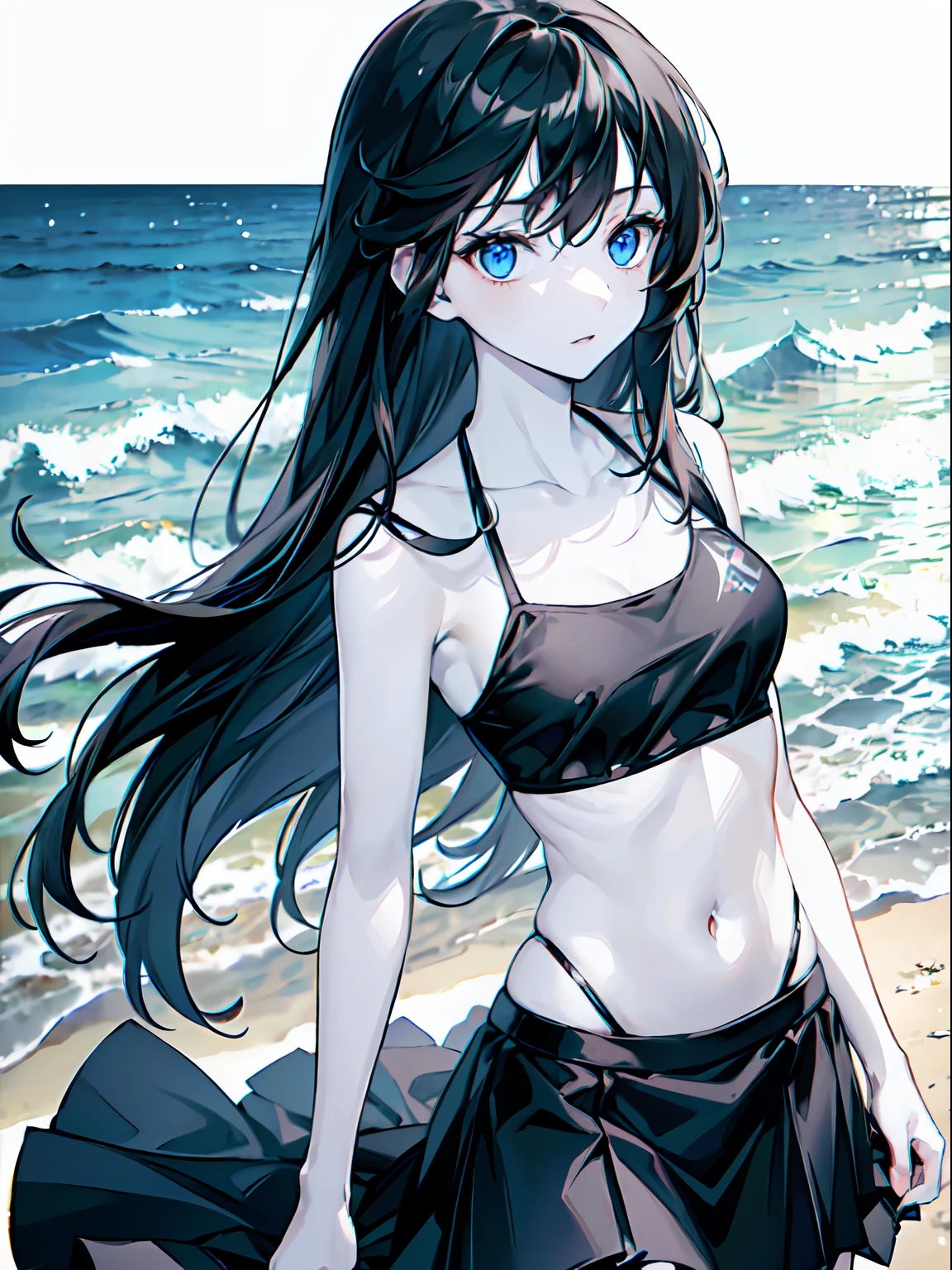 ((female)), (solo:1.2), ((masterpiece)), ((pale skin)), ((detailed eyes)), (bokeh effect), (dynamic angle), black hair, long hair, straight hair, blue eyes, (black small bikini:1.2), (skirt), exterior, beach