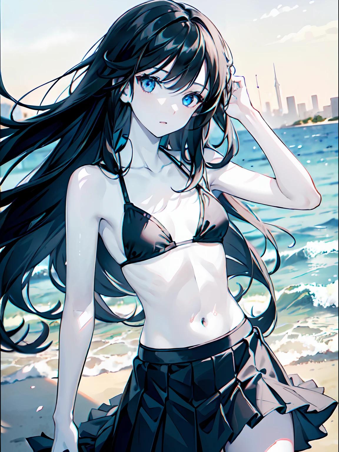 ((female)), (solo:1.2), ((masterpiece)), ((pale skin)), ((detailed eyes)), (bokeh effect), (dynamic angle), black hair, long hair, straight hair, blue eyes, (black small bikini:1.2), (skirt), exterior, beach