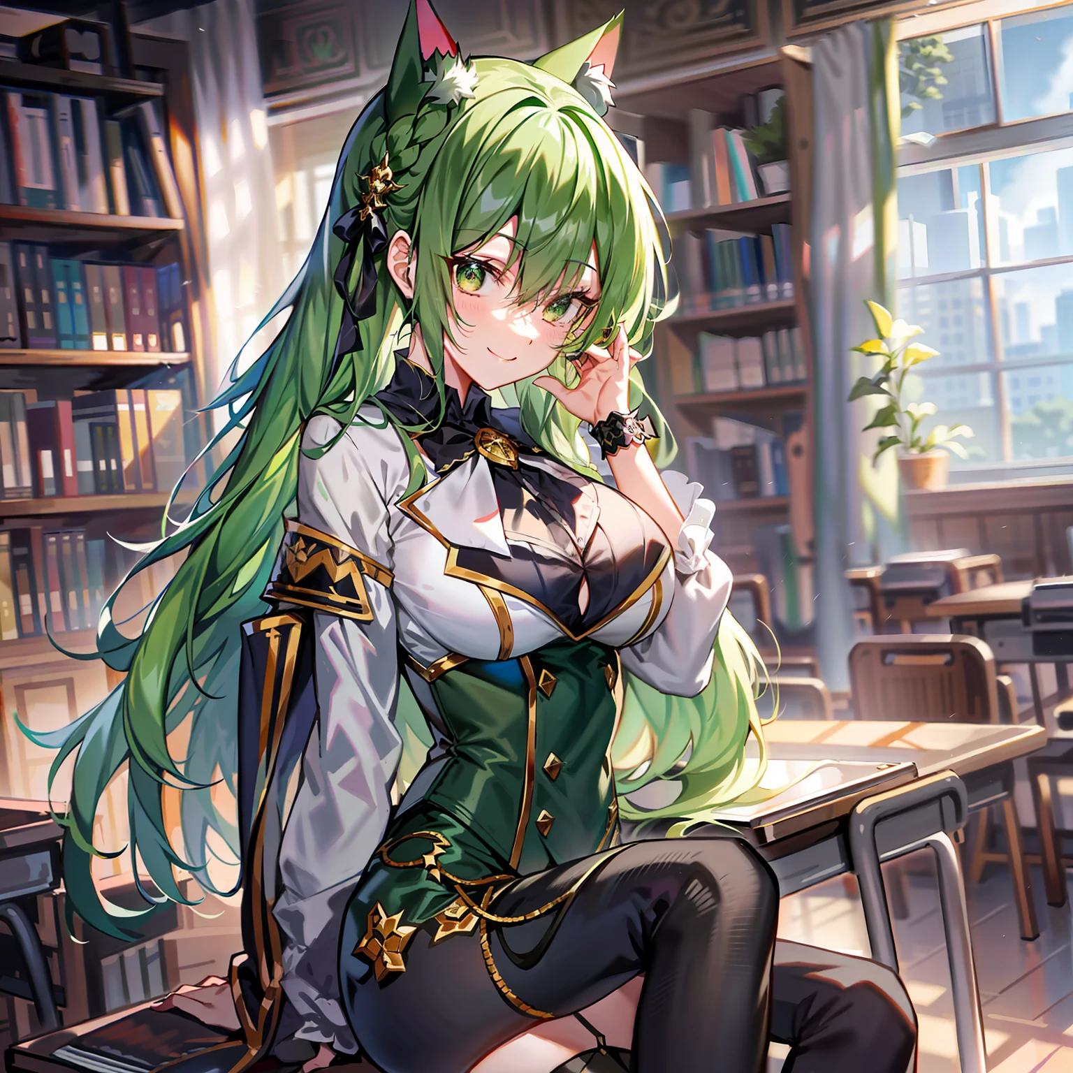 2D，tmasterpiece，Best quality at best，anime big breast，Very detailed eyes，very vey very detailed face，very highly detailed background，Perfect lighting，cowboy lens，foot out of frame，1girll，独奏，‎Classroom，Monica \（Literary Club\） ,  Green hair, Extra-long hair, Coiling hair, Green eyes, Gothic costumes,Black work pants，Cat ears， standing on your feet, (forward leaning:0.8), (Behind the arm：1.2），ssmile