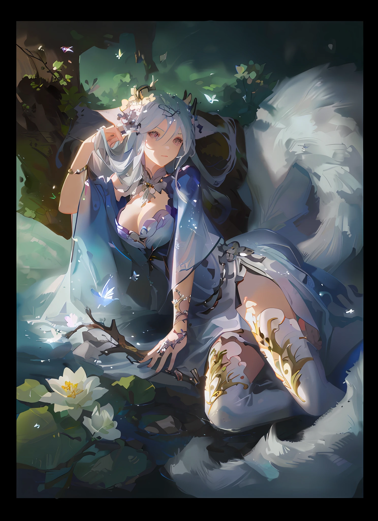 There was a woman in a blue dress sitting on a rock, ahri, Artgerm on ArtStation Pixiv, WLOP and Sakimichan, wlop and rossdraws, WLOP Art, Extremely detailed Artgerm, wlop rossdraws, White Fox Maiden, Guweiz on ArtStation Pixiv, beautiful fantasy art, Fanart Meilleure ArtStation