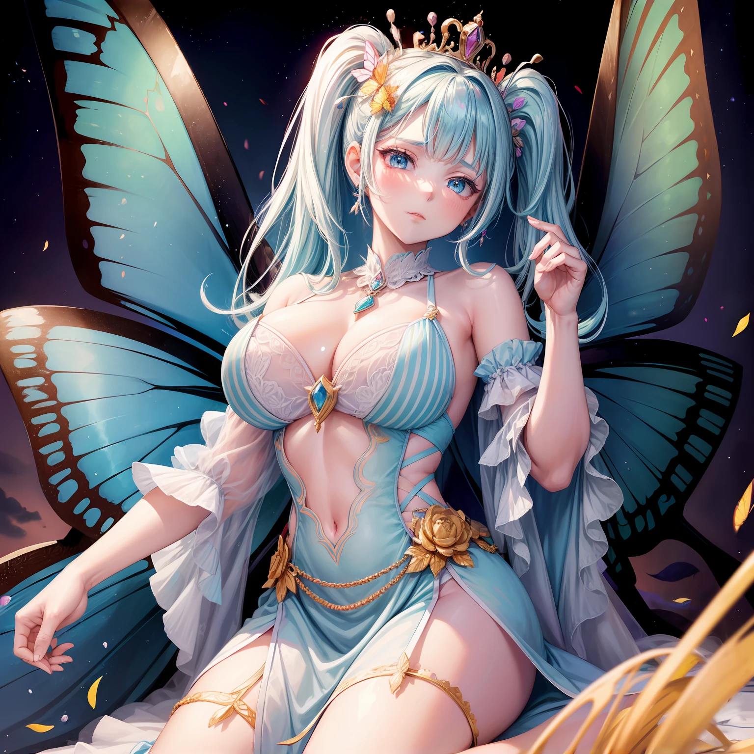 She is the queen of butterflies. She has a pair of rainbow colored butterfly wings. She wears a pale blue summer dress. She has a big bust. Her eyes are rainbow colored. She is kind and gentle, but she seems to be very cold and evil. She has 2 long white ponytails.