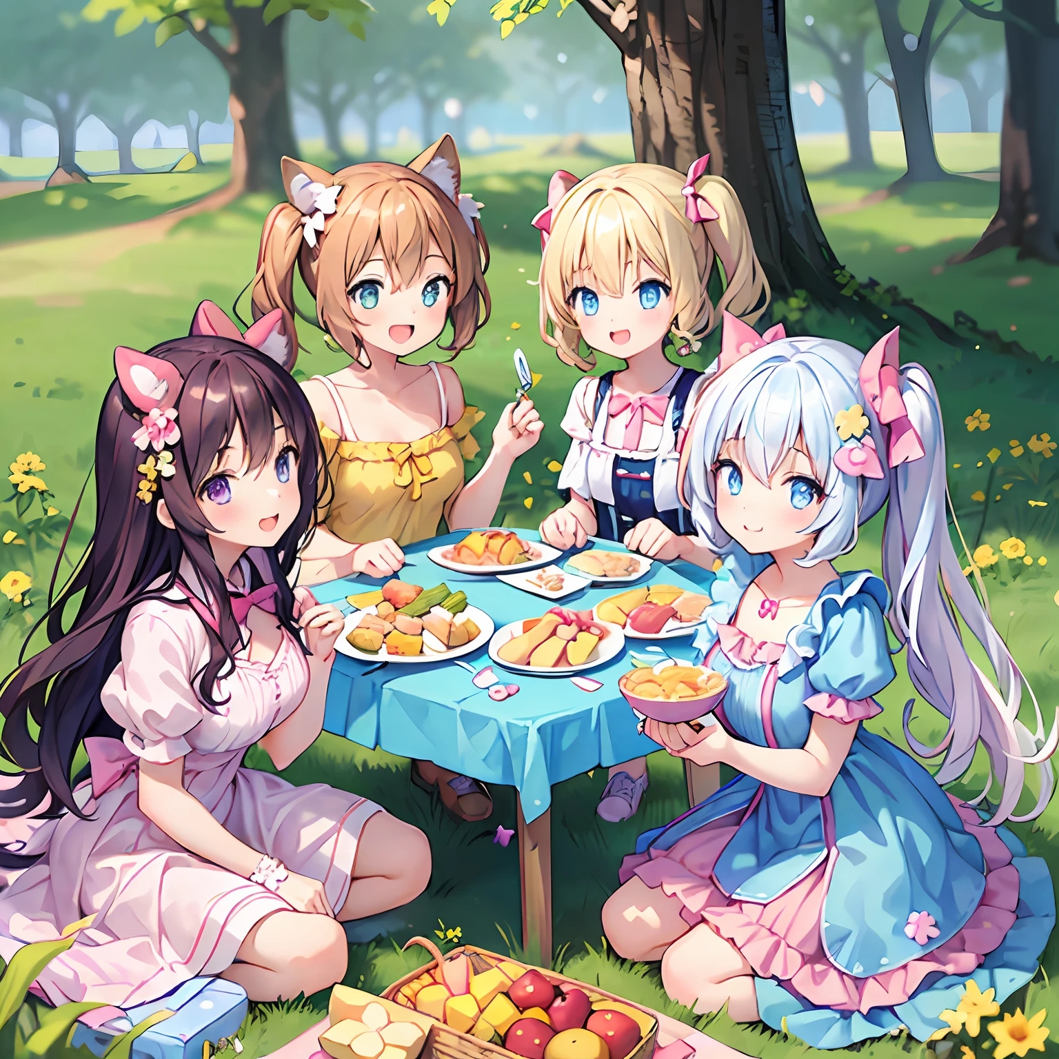 masterpiece, (2girls and 2girls and 2girls and 2girls at picnic), idol, big eyes, kawaiitech, kawaii, cute, pastel colors, best quality, happy, deep background, symmetrical, tilted head, summer