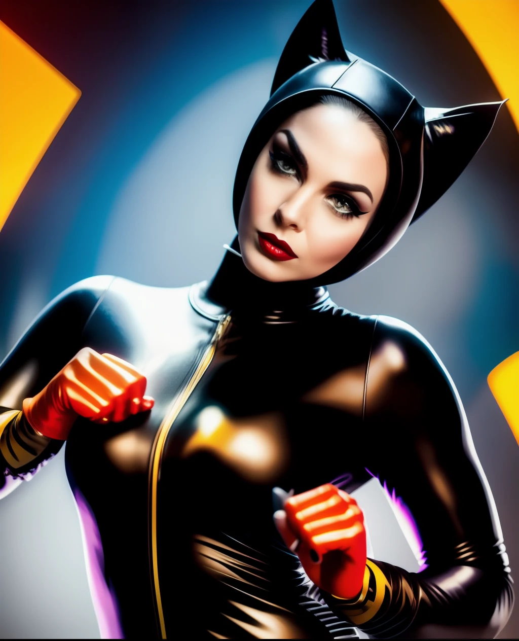 Catwoman grooving, wearing a full body suit, soft shadows, clean sharp focus, no contrast, film photography, professional color grading, hyper-realistic, intricately detailed, uhd, 8k, red yellow black, dramatic background