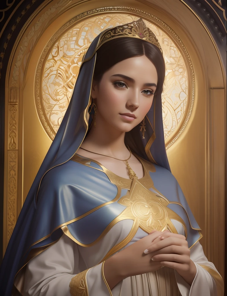 virgin mary. MUJER CAUCASICA. 19 years old, DULCE E INOCENTE MIRADA ANGELICAL, ultra detailed fine art photography, Aura de medianoche, cielo nocturno, Cara hermosa detallada, Dreamy, resplandeciente, retroiluminado, glamur, Mica, sombras, oil on canvas, Pinceladas, Suave, ultra-high def, 8k, Motor Unreal 5, Ultra Sharp Focus, Arte de Alberto Seveso, Artgerm, loish, Sf, Obra maestra de arte intrincada, ominoso, matte paint movie poster, golden ratio, tendencias en CGSociety, intrincado, epopeya, tendencias en Artstation, por artgerm, Altamente detallado, vibrant production cinematic character render ultra high quality model. obra maestra, calidad superior, mejor calidad, arte oficial, beautiful and aesthetic: 1.2), , extremo detallado, colorido, highest detailed, arte oficial, unidad de papel tapiz 8k, ultra detallado, beautiful and aesthetic, hermoso, obra maestra, mejor calidad,