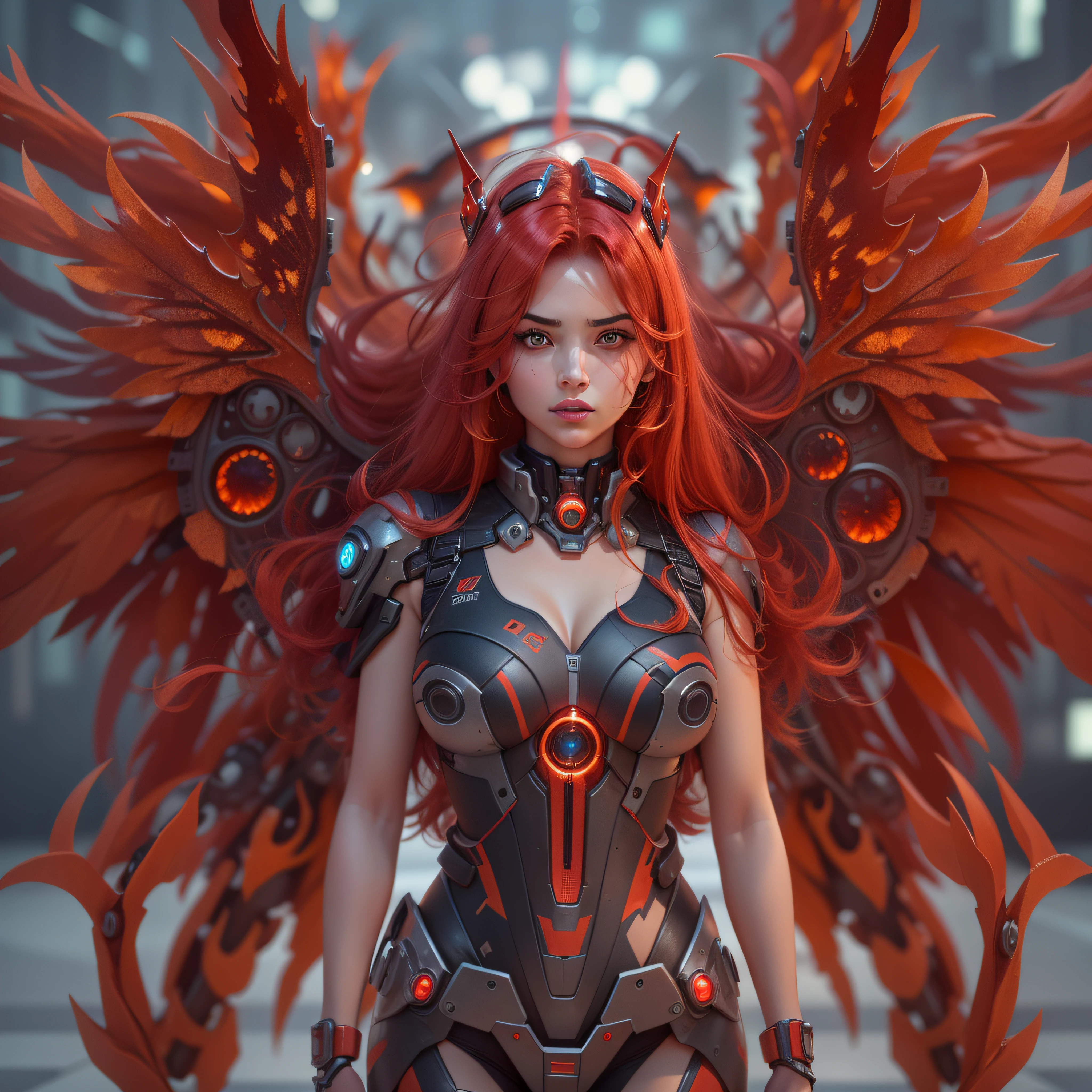 (8k, RAW photo, best quality, masterpiece:1.2), (realistic, photo-realistic:1.37), ultra high res, ultra-detailed ,full body, ((full-body shot)), woman, beautiful detailed eyes, beautiful detailed lips, professional lighting, photon mapping, radiosity, physically-based rendering, detailed symmetrical lips, extremely detailed eyes and face, symmetrical mouth, extremely detailed face, symmetrical eyes ,detailed eyebrows, extremely detailed eyes, beautiful detailed eyes, extremely detailed face , light on face, (full body), looking at viewer, ((red hair)), ((long hair)), ((fairy)), ((red mecha suit)), ((red neon mechanical fire wings)), ((cyberpunk)), ((legs)), ((energy core at centre of body)), ((fire sword)), _stardeaf-cold-arc_ ((octane render)) Orbit of the Sun background