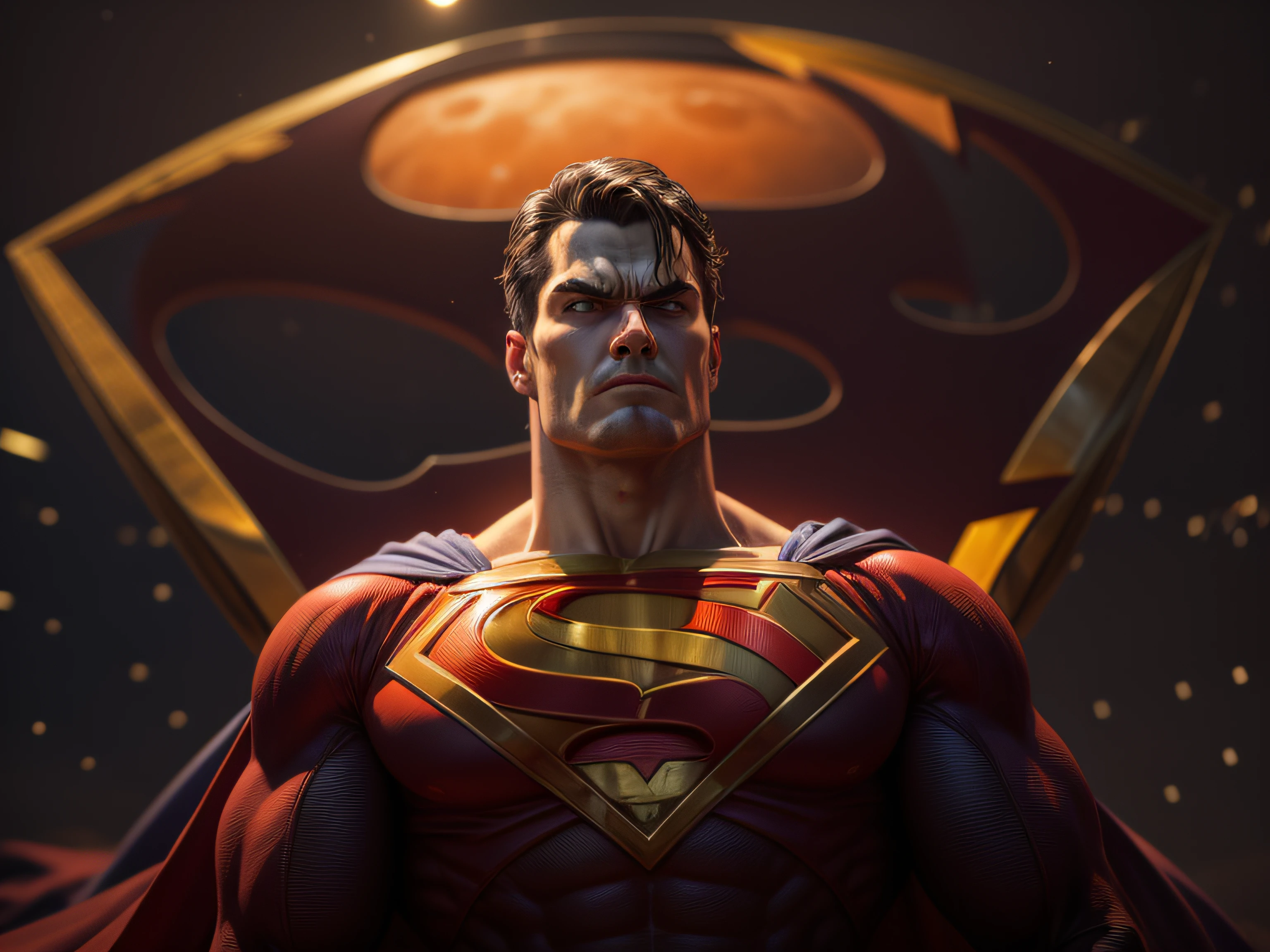 Close a powerful threat, The imposing appearance of the mighty Superman dressed in orange uniform, menacing stare, ricamente detalhado, Hiper realista, 3D-rendering, obra-prima, NVIDIA, RTX, ray-traced, Bokeh, Night sky with a huge and beautiful full moon, estrelas brilhando, 8k,