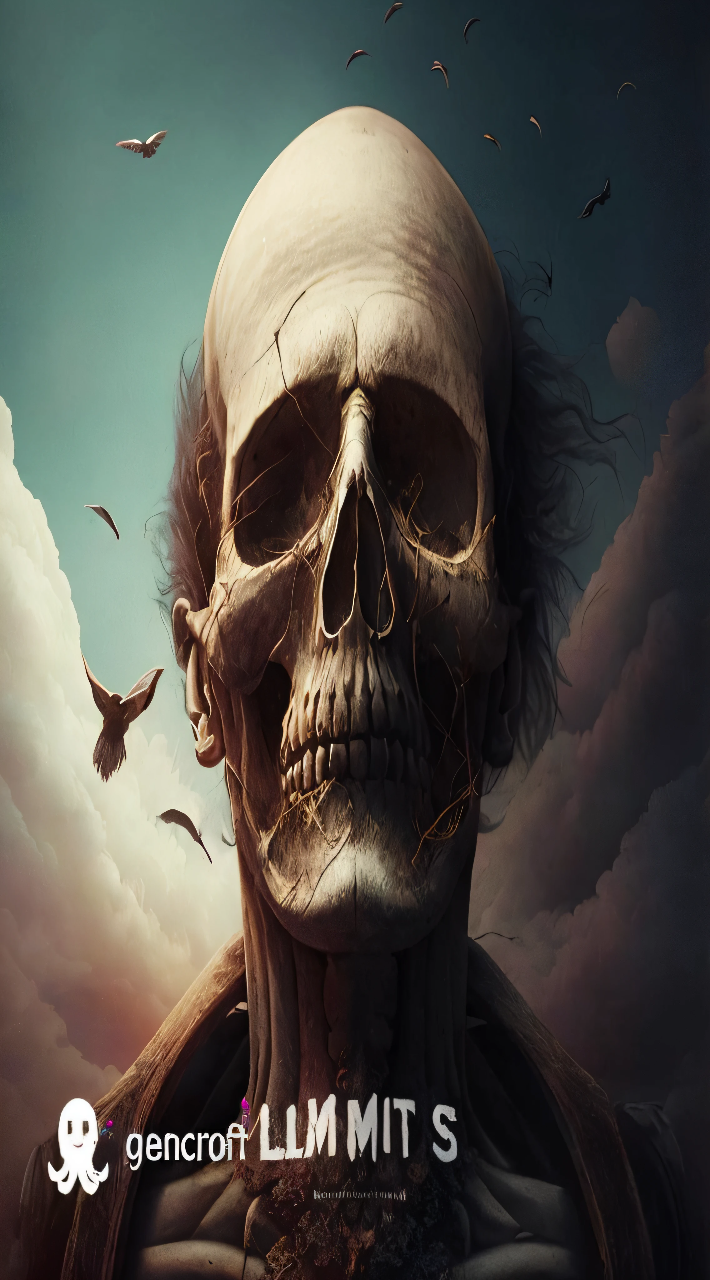 Image of a skeleton with a human face and a bird flying in the sky, skull liminal void background, Gloomy Illumination, Grim - Lighting, Destaque em ArtStation, liminar sinistro meia-noite retroiluminado, liminar assustador, destaque no Artstation, arte sombria, Destaque no ArtStation HD, dmt ego da morte, arte de terror elegante