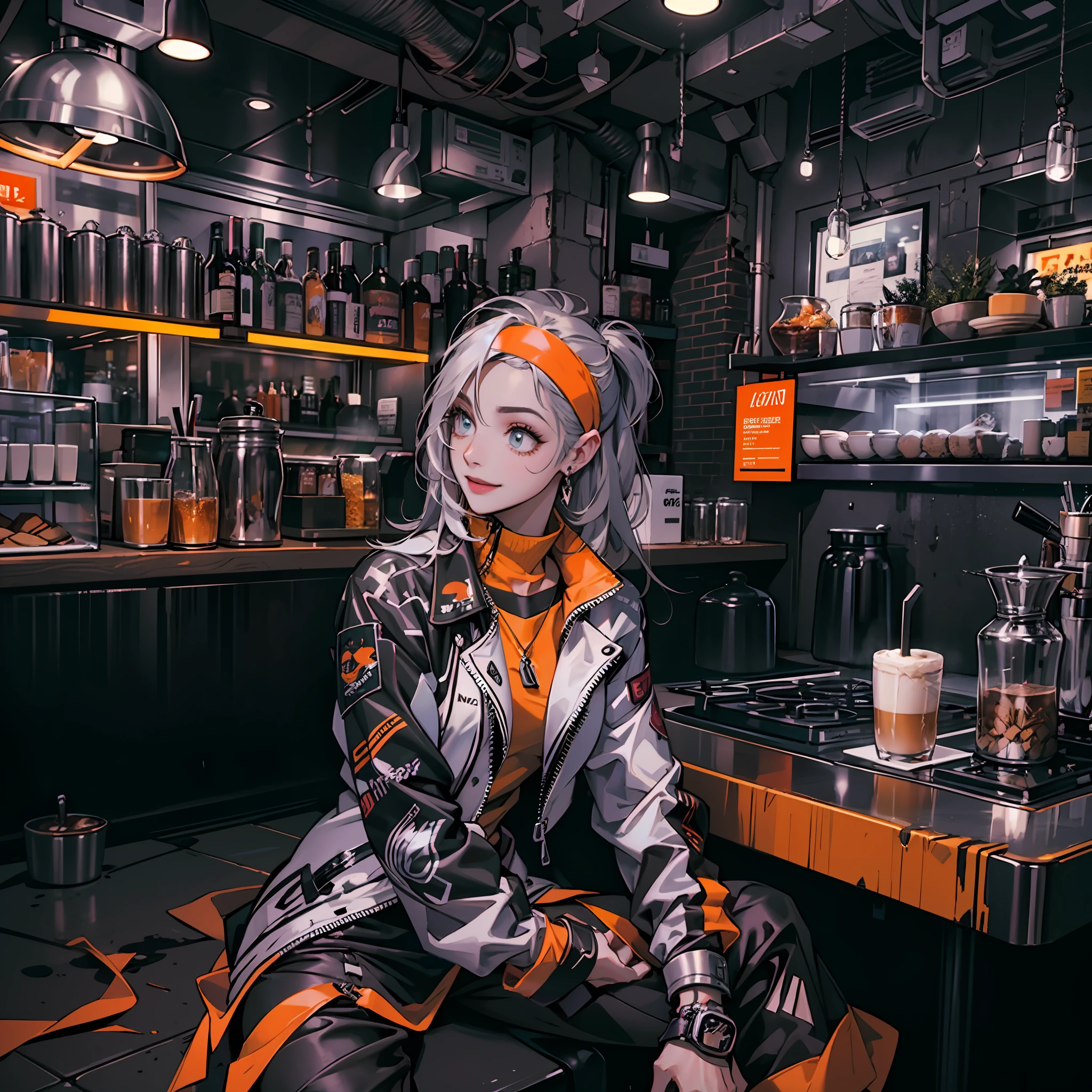 Best quality，tmasterpiece，Ultra-high resolution fills the picture，Indoor at night，Cafe in the sky,Orange color scheme for the café,There was coffee and wine,the night,inside in room，Coffee machine,Coffee lockers,Orange neon color scheme,Silver-white hair，Black fashion clothing，Orange and black matching outfits,boxer，Cafe beautiful girl，cyberpunk backgrouns,The background is colorful，Lateral face，Smiling，Various laid-back poses，Perfect makeup，Love eyes，8K quality，cyber punk perssonage，sense of science and technology，Character backlighting，rim-light，Movement changes，Flowing hairstyle，Loose hairstyle,The number of fingers is refined，The most beautiful girl in mankind，Wear a headband，Luminous accessories,Luminous earrings,Wear delicate accessories,Delicate close-up of the face，Realistic image quality，Super light and shadow，Very good figure，Meticulous，Have a cup or coffee on the roof in the evening，Very good figure，Raised sexy,luminous,Cool，Very stylish café,Cafe at night,Ray gorgeous,Have food,Laugh happily,