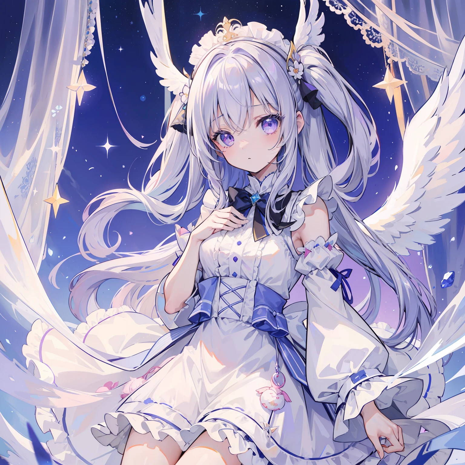 (Top image quality)、(ultra-detailliert)、(Facing the front)、top-quality、​masterpiece、(((1girl in)))、Lori、girl with、angelicales、Angel wings、Circle of Angels、silber hair、White hair、Longhaire、((Half Twin Tail))、Light purple eyes、pale light blue eyes、Pink eyes、maid clothes、White sailor suit、Ruffled hair ornaments、lots of ruffles、lots of ribbons、White ribbon、PastelColors、stele、pop music、she has a cute expressive face、Fluffy and spreading hair、​​clouds、Fluffy clouds、intergalactic、(Twinkle)、fluffly、frilld、((Lace curtains))、starrysky、Celestial globe、((Yumekawa))、Light purple