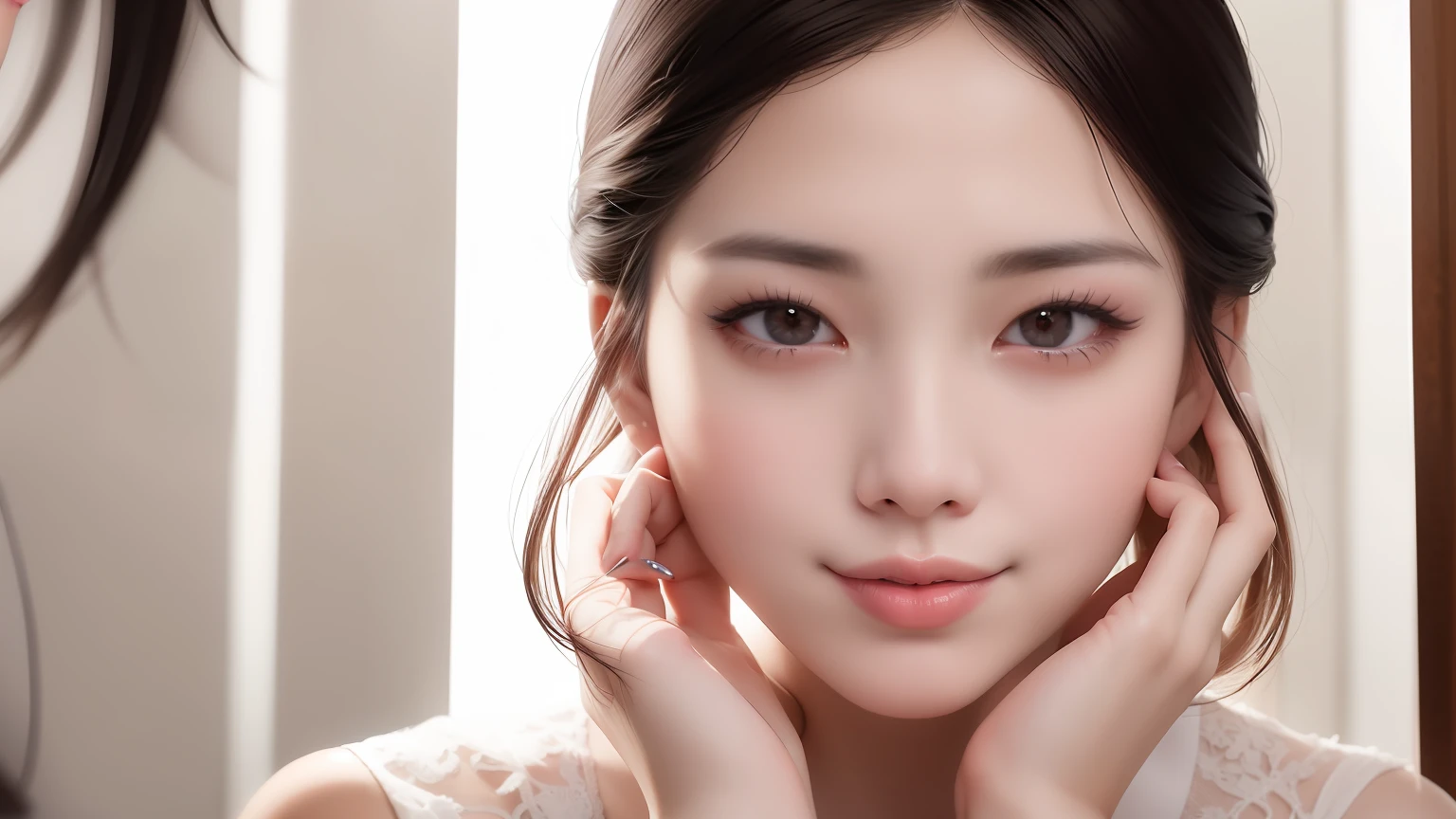 There is a woman with pink lips and a white shirt, asian beautiful face, woman with porcelain skin, Beautiful young Korean woman, beautiful face and flawless skin, Beautiful young asian woman, young female face, korean face features, Young adorable Korean face, glowing skin face, young cute wan asian face, Beautiful Face Woman, Gorgeous young Korean woman