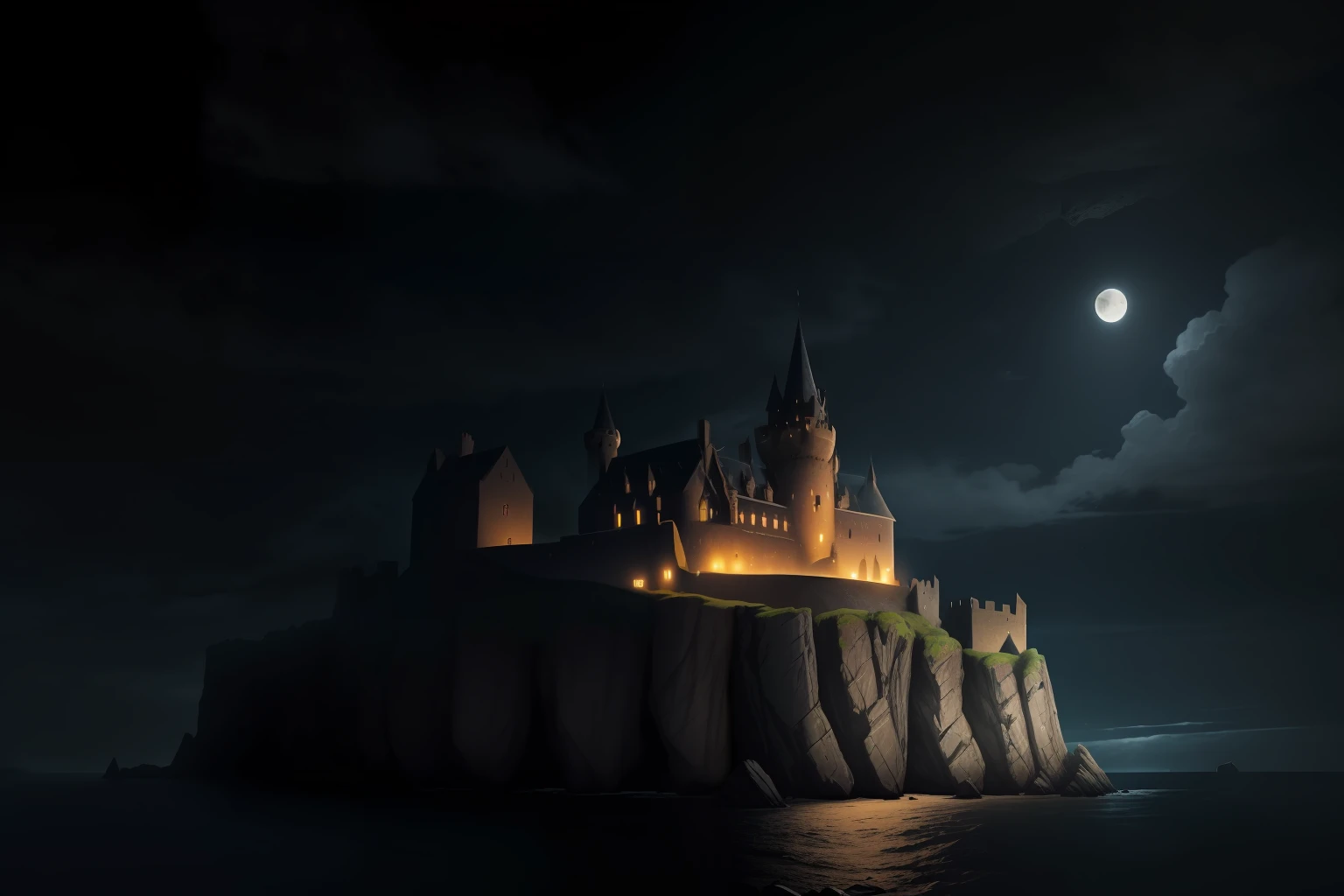 View of a Black medieval castle on a cliff in an island. Old damaged Castle made with black basalt stones, with only a few small windows slightly illuminated, with some towers, surrounded by a a trench and high wall. The thench is crossed by a bridge. Dark night, clouds and big moon. Illuminated by moonlight only. Ray traicing.