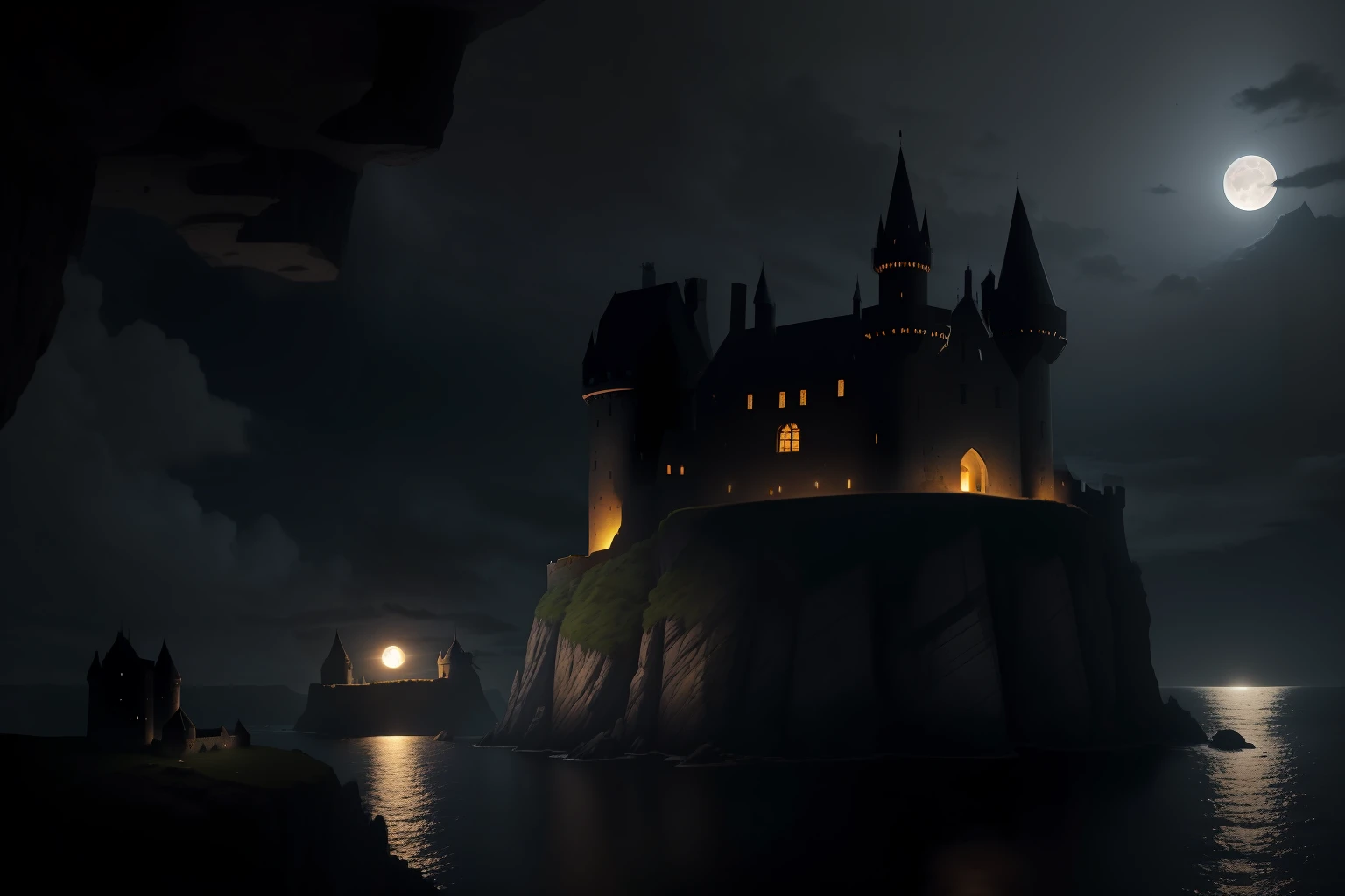 View of a Black medieval castle on a cliff in an island. Old damaged Castle made with black basalt stones, with only a few small windows slightly illuminated, with some towers, surrounded by a a trench and high wall. The thench is crossed by a bridge. Dark night, clouds and big moon. Illuminated by moonlight only. Ray traicing.