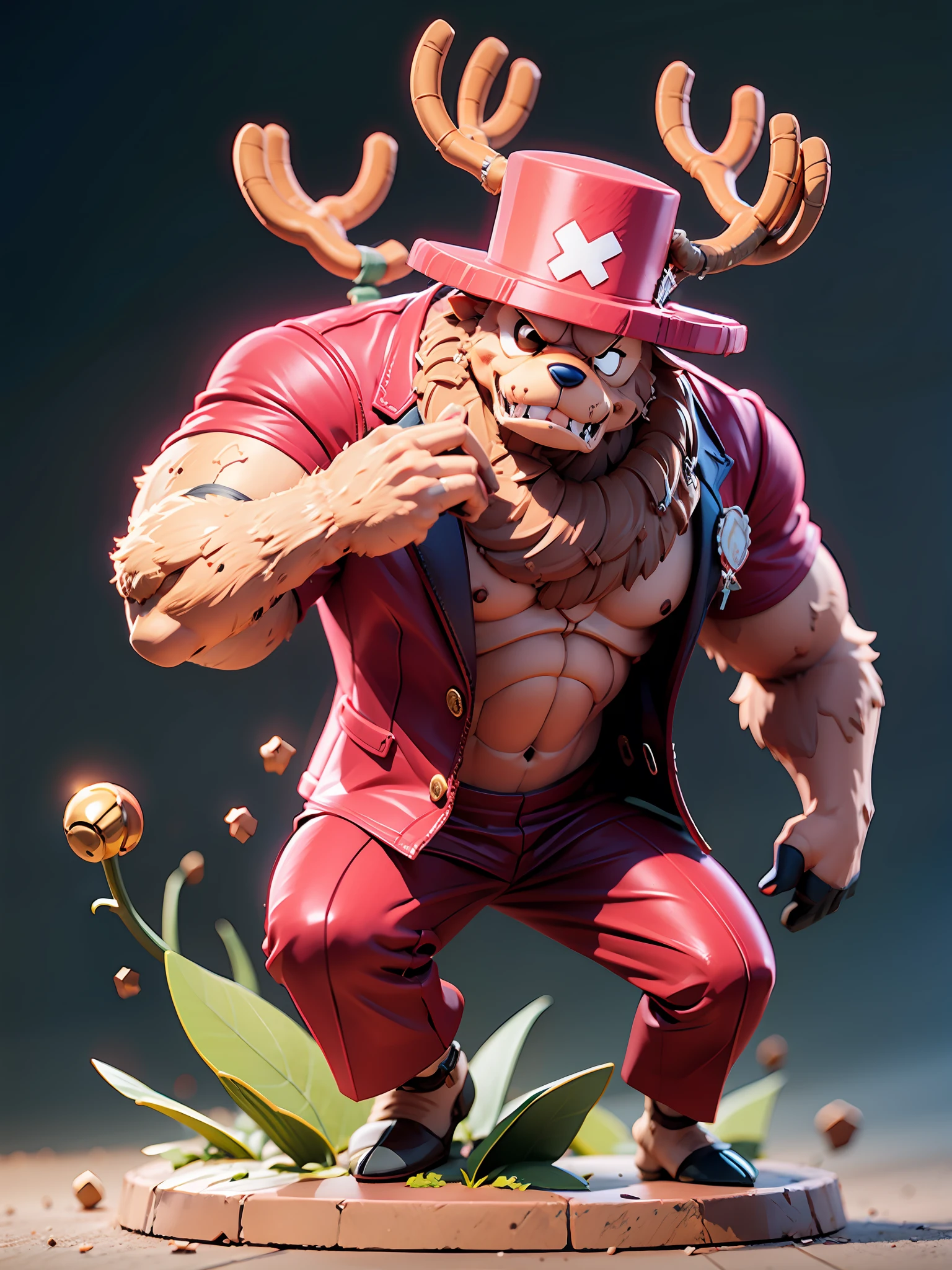 masterpiece, best quality, ultra-detailed, chopper, muscular furry deer, pink hat, human hand, 1boy, solo, Full body, wearing suits, detailed face, day, full body, male focus, perfect hands, chibi style, figure, action figure