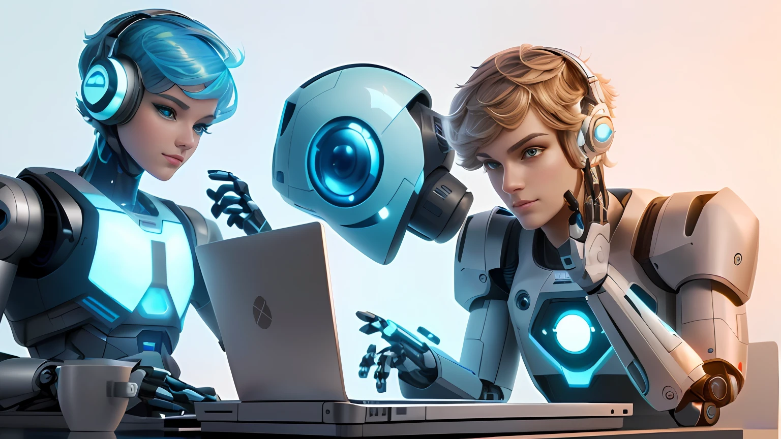 They are two robots with headphones looking at a laptop, Beeple and Jeremiah Ketner, Trending in CGsociety, cgsociety inspired, cgsociety 8k, cgsociety 8 k, cgsociety 8k, cg art, beautiful robot character design, Looking ahead to the coders of the future, Cute Cyber God々, Android Jones and Ateigai Iran