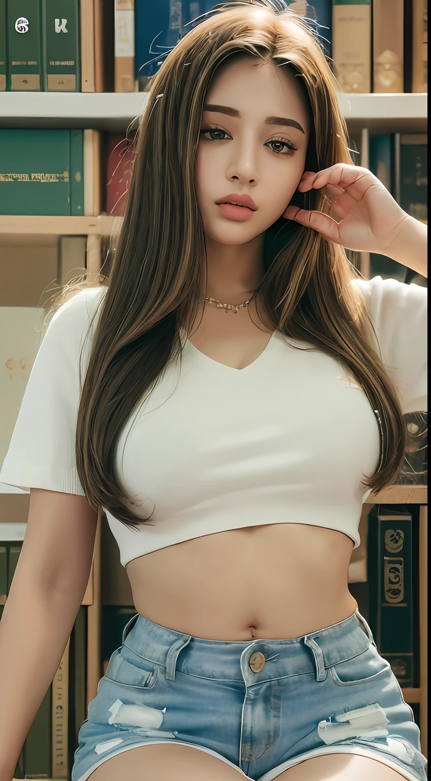 ((Melhor qualidade, 8k, Masterpiece :1.3)), mulher sensual, 1girl, (figura esbelta :1.2), cabelo castanho escuro, (ao ar livre, camisa, shorts :1.1), rosto ultra-detalhado, Detailed Lips, olhos detalhados, Double eyelidm,(seios gigantescos:1.5) NSFW