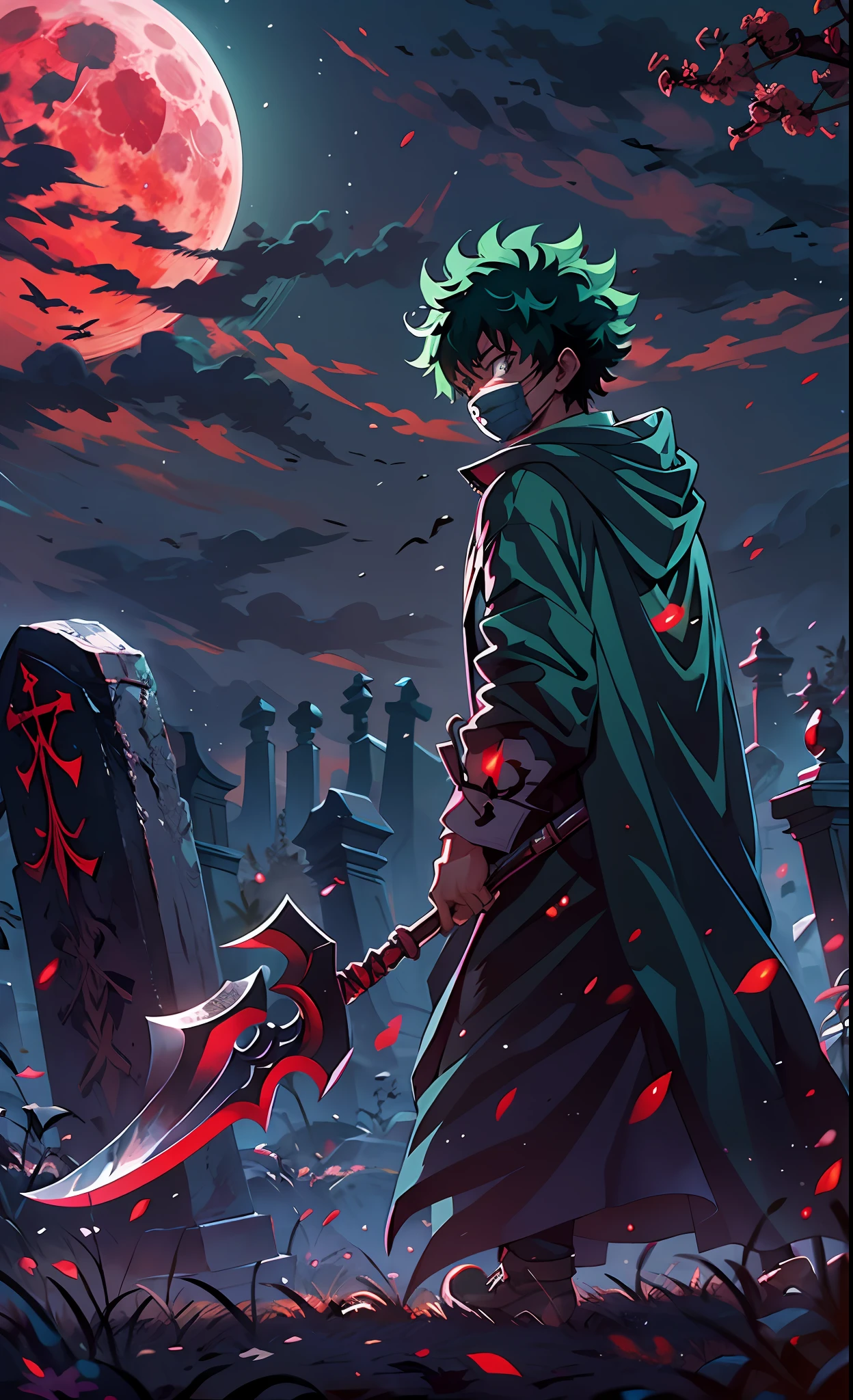 Izuku Midoriya, with a menacing appearance, stands confidently on a hill of gravestones, donned in a dark robe and a plague doctor's mask. His grip tightens around a scythe in one hand, while in the other, he holds a crimson moon, radiating an eerie glow