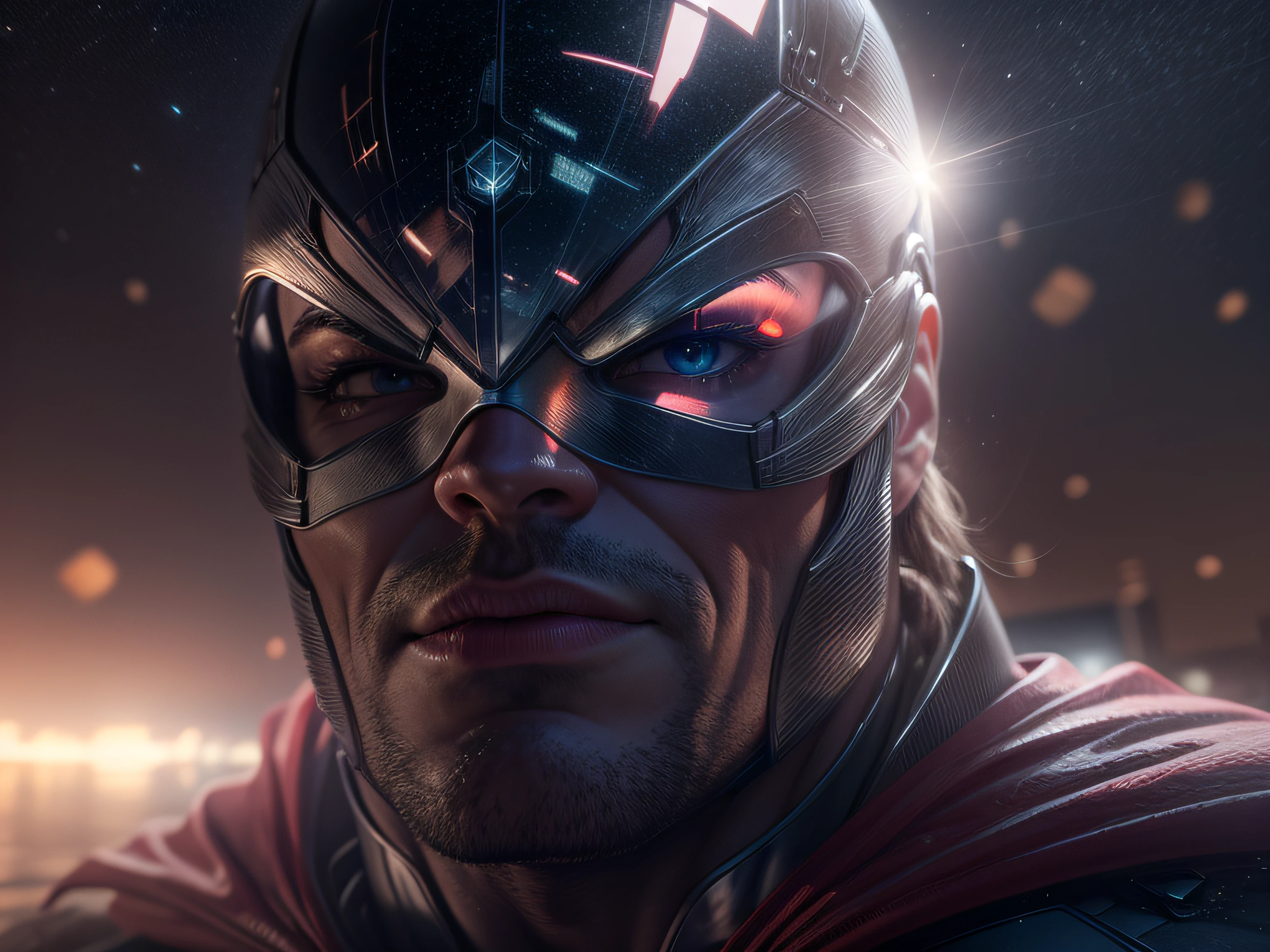 Close a powerful threat, The imposing appearance of the powerful Superman dressed in mirrored uniform that reflects the scenery, menacing stare, ricamente detalhado, Hiper realista, 3D-rendering, obra-prima, NVIDIA, RTX, ray-traced, Bokeh, Night sky with a huge and beautiful full moon, estrelas brilhando, 8k,