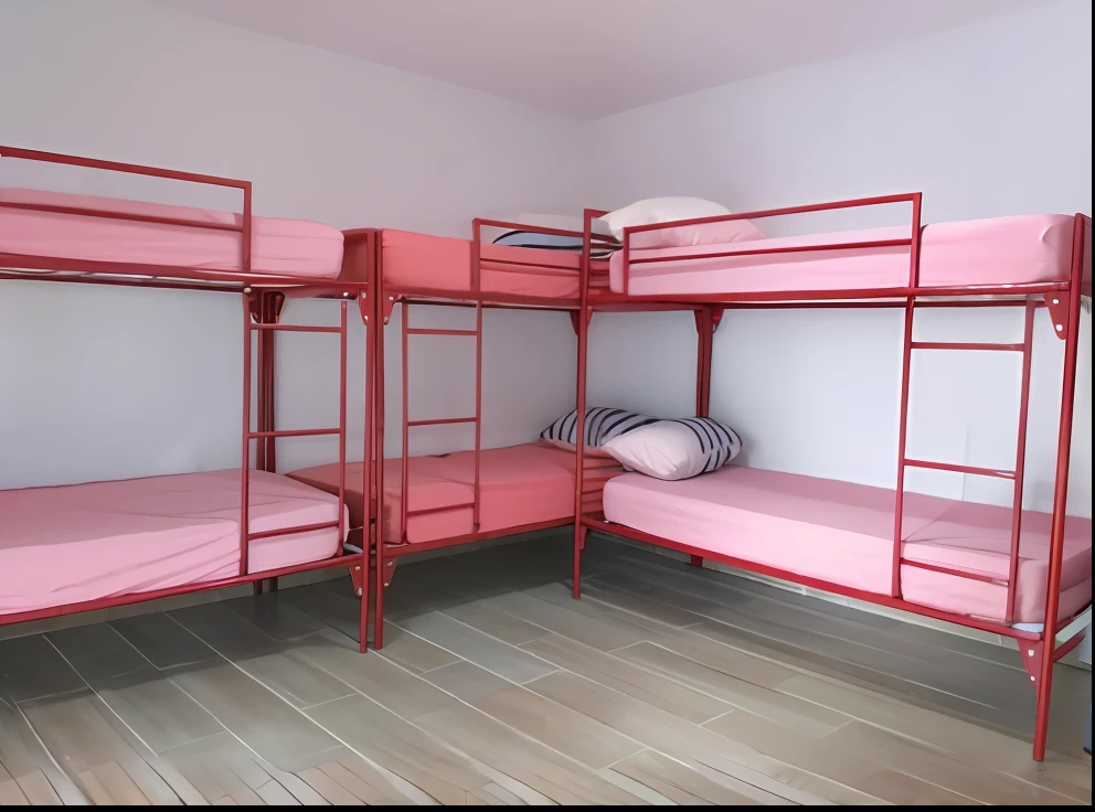 beliches em um quarto com piso de madeira e parede rosa choque, Camas, com um beliche, quarto de cama, alternate angle, em um quarto, tomada em 2 0 2 0, Um quarto, quartos dos fundos, cama, orfanato, Fotografia tirada em 2 0 2 0, moderno, preenchido com luz natural, em 2 0 1 8, The walls are pink and the beds have pink sheets with floral print.