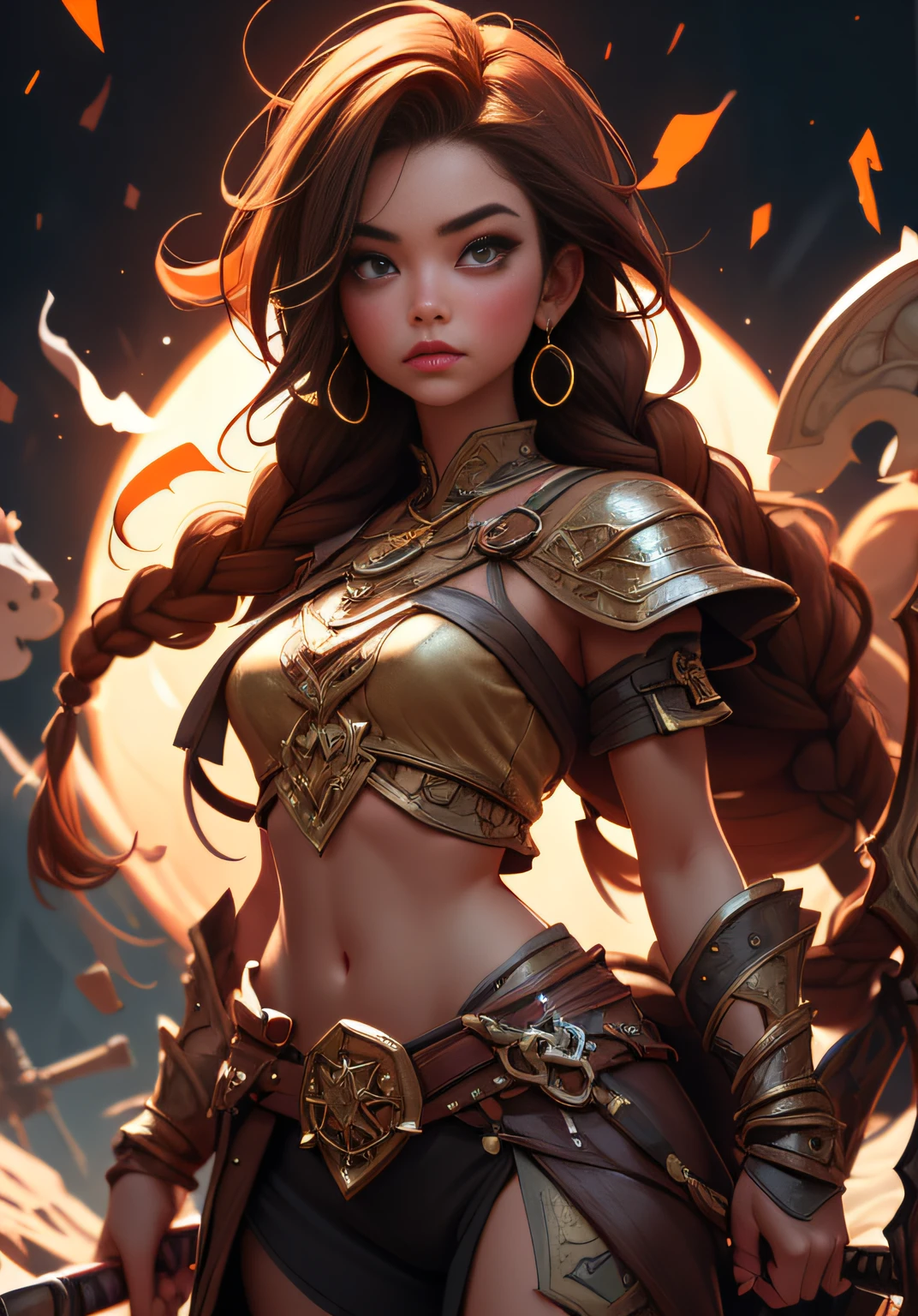 viking tatoo body, viking girl pose, viking girl, the two braids brown hair, holding viking wepon, viking war background, 8k, high detailed body, high detailed face , random, legendary , sun shadow, movie lightning, 8k, RAW photo, best quality, masterpiece, high detail RAW color photo, dramatic lighting, cinematic lighting, back light, professional lighting, detailed face, full body, girl focusing