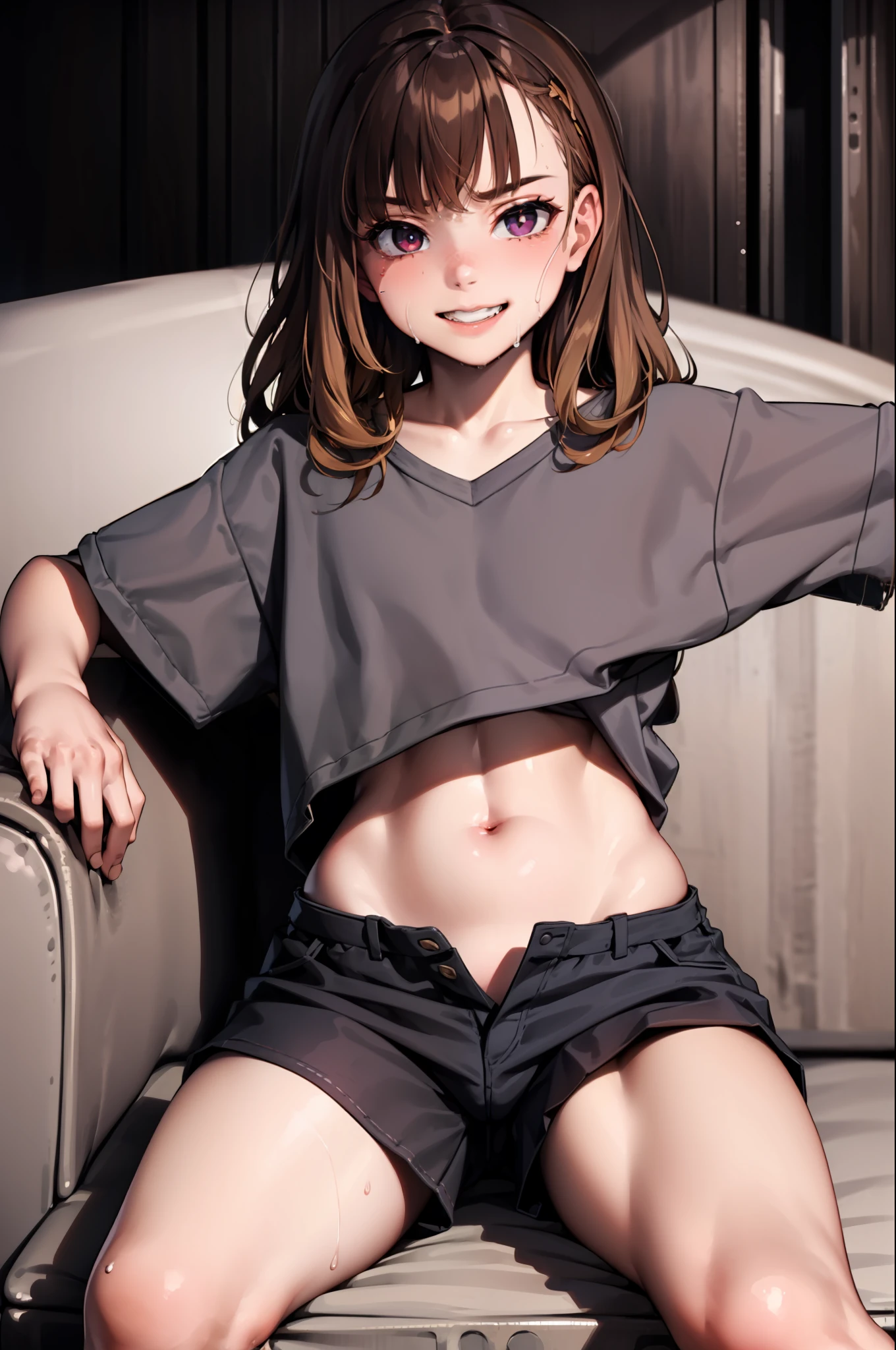 Masterpiece, hiquality ,Dynamic Angle, Cowboy shot, ****, 1girl, child, 独奏, Hermione Granger, School White Shirt, wet shirt, bellybutton, smooth tummy, Short shorts, Highly Detailed Beautiful Face and Eyes, Beautiful skin, Wet, blushful, sperm, sperm on face, Perfect anatomical smile, bed room, bright sunlight, thights, wide thighs, spreading legs, Athletic hips, Erotica, Sex, trembling, Sits, armchair, teats