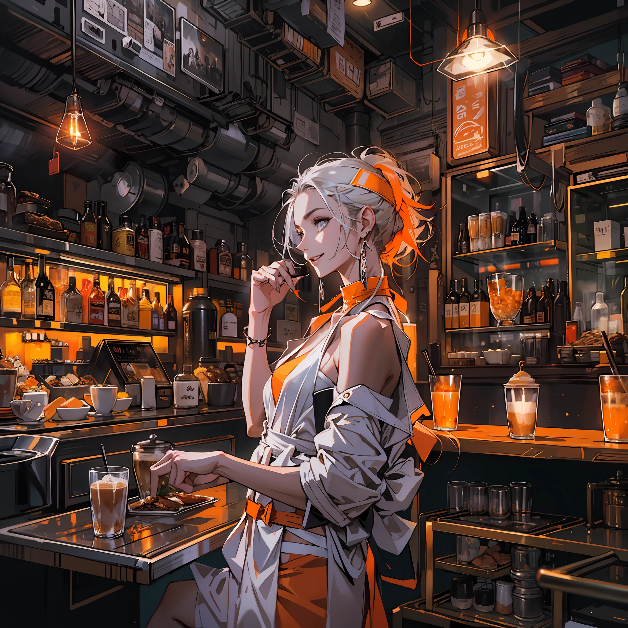 Best quality,tmasterpiece,Ultra-high resolution fills the picture,Indoor at night,Cafe in the sky,Orange color scheme for the café,There was coffee and wine,the night,inside in room,Coffee machine,Coffee lockers,Orange neon color scheme,Silver-white hair,Black fashion clothing,Orange and black matching outfits,boxer,Cafe beautiful girl,cyberpunk backgrouns,The background is colorful,Lateral face,Smiling,Various laid-back poses,Perfect makeup,Love eyes,8K quality,cyber punk perssonage,sense of science and technology,Character backlighting,rim-light,Movement changes,Flowing hairstyle,Loose hairstyle,The number of fingers is refined,The most beautiful girl in mankind,Wear a headband,Luminous accessories,Luminous earrings,Wear delicate accessories,Delicate close-up of the face,Realistic image quality,Super light and shadow,Very good figure,Meticulous,Have a cup or coffee on the roof in the evening,Very good figure,Raised sexy,luminous,Cool,Very stylish café,Cafe at night,Ray gorgeous,Have food,Laugh happily,