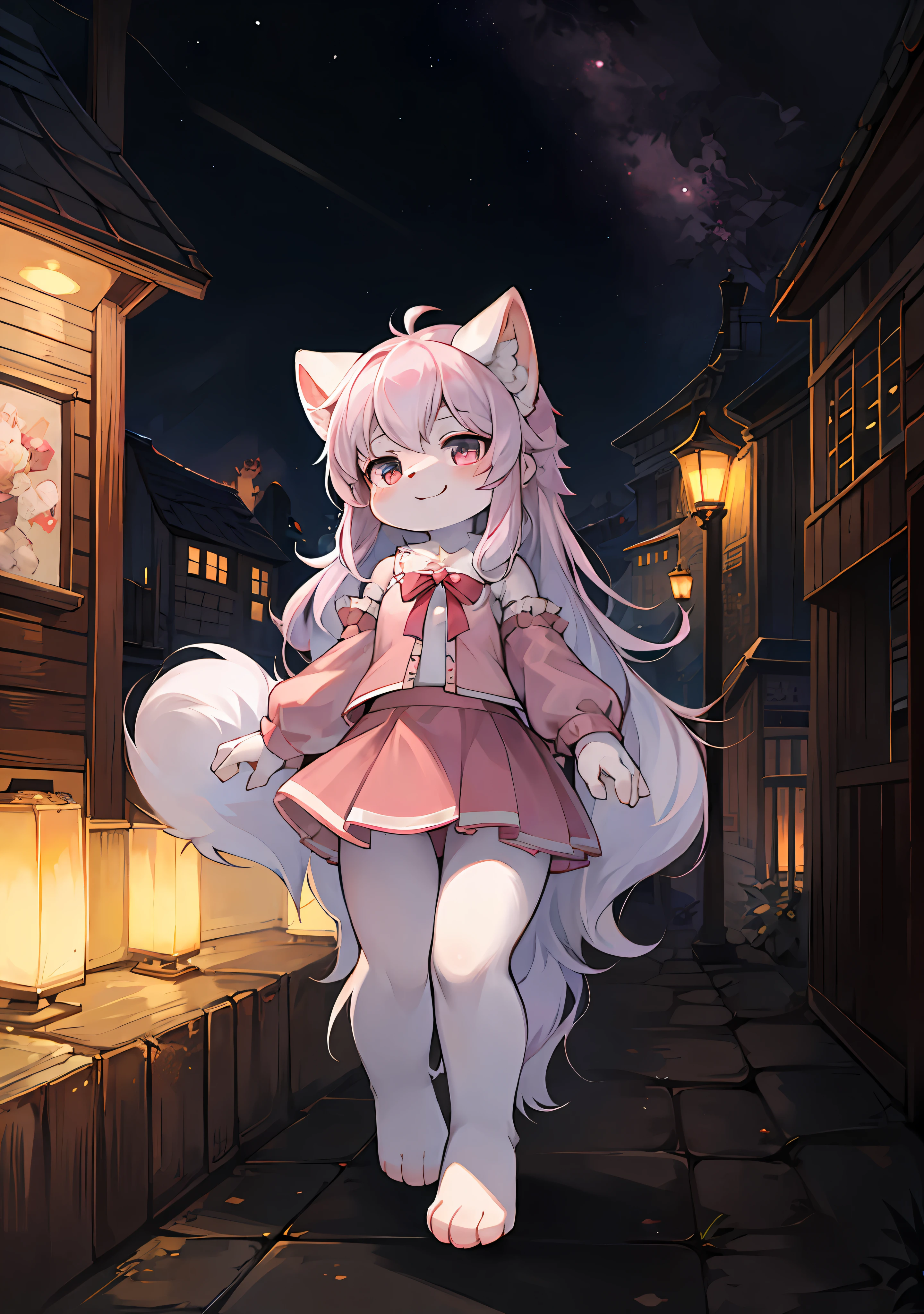 Furry little girl,Fluffy tail,Emphasis on white fur,Delicate fur,Cute toddler,Short pink skirt,Young,Petite and cute emphasis,Walking posture,Detailed characters,A smile on his face(1.2),Protruding paws,Reach out and say hello,Pink meat pad,Enhance long-haired animals(1.2),the night,borgar(1.1)。